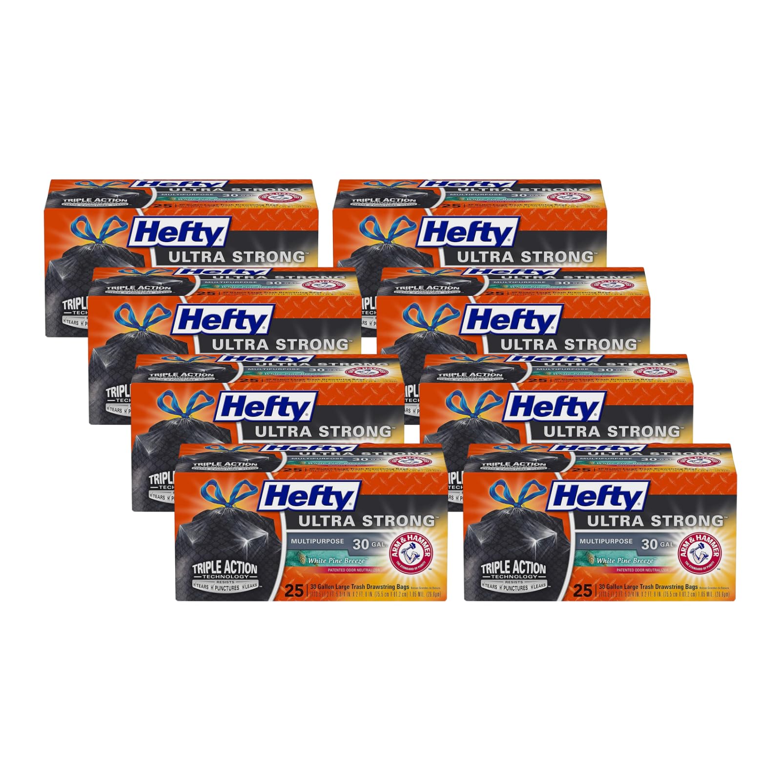 Hefty Ultra Strong 30 Gallon Drawstring Trash Bags - 25 Count (Pack of 8) | Heavy Duty, Scented with White Pine Breeze | Perfect for Kitchen, Bathroom & Outdoor Use