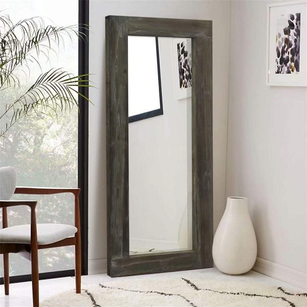 Antique Brown Rustic Wood Full-Length Floor Mirror - Freestanding Rectangular Farmhouse Mirror with Hooks for Living Room, Bedroom & Entryway Decor