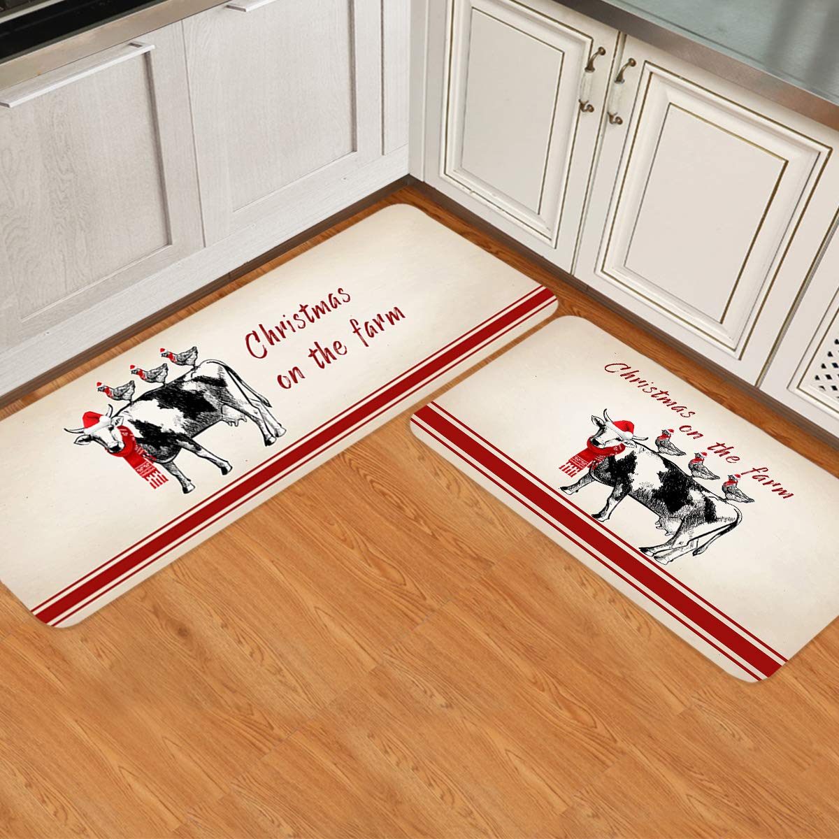 Non-Slip Rustic Farmhouse Kitchen Runner Rugs - Set of 2 Waterproof Washable Floor Mats for Kitchen, Bathroom & Doorway - Farm Animal Cow & Hen Christmas Decor - Perfect for Farmhouse, Cottage & Country Style Homes