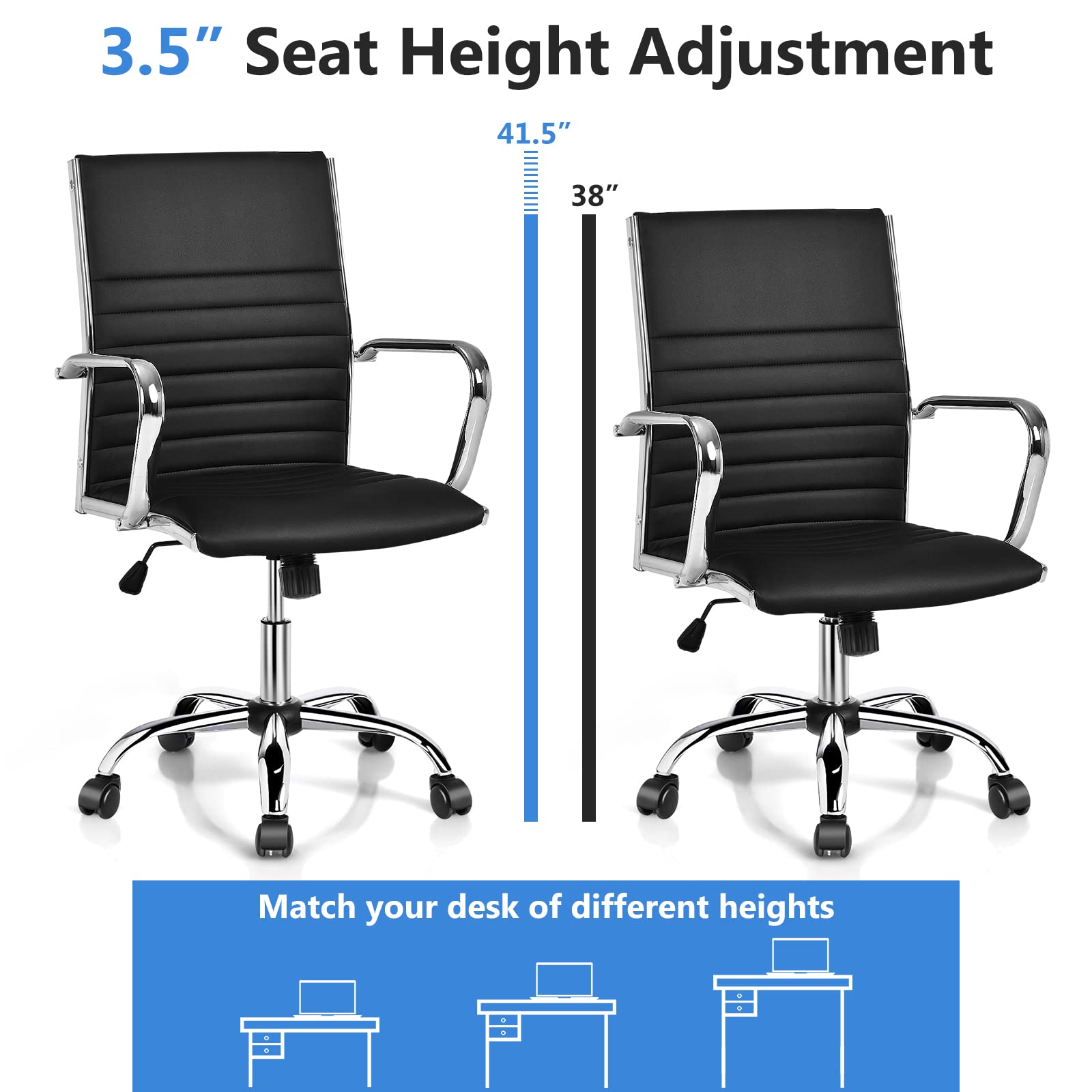 COSTWAY Ergonomic Office Chair - PU Leather High Back Executive Chair with Adjustable Height, Rocking Backrest & Lumbar Support - Ribbed Computer Desk Chair for Home & Office (Black) - Perfect for Long Work Hours & Gaming Sessions