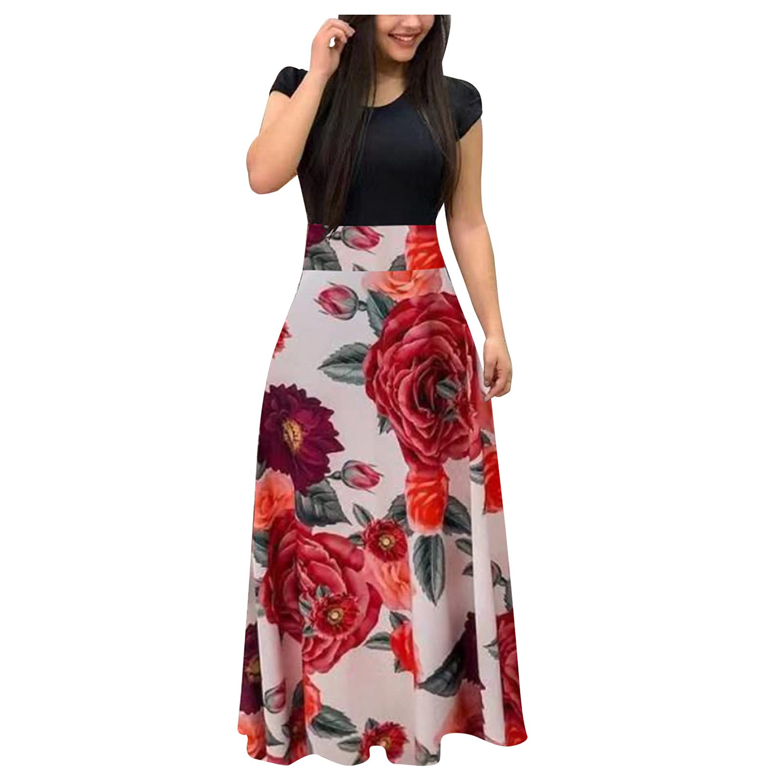 Zieglen Women's Floral Patchwork Long Maxi Dress - Casual Beach Sundress with Swing Skirt | Perfect for Summer Vacations, Beach Parties & Boho Fashion
