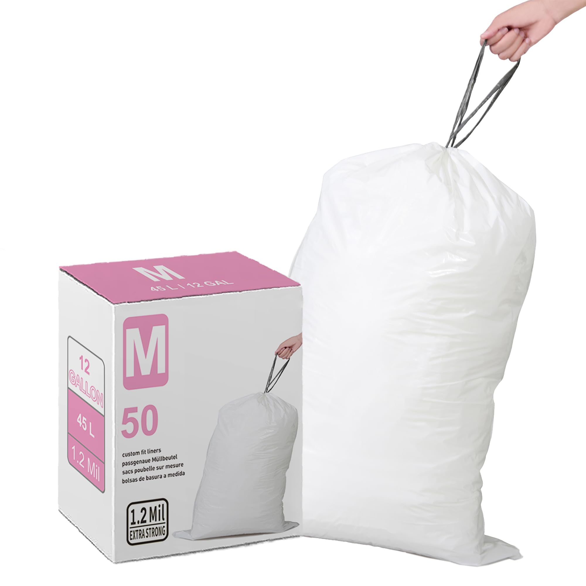 **Code M 12 Gallon Heavy Duty 1.2 Mil Thick Plastic Trash Bags - 50 Count, Reinforced Drawstring, Leak-Proof & Tear-Resistant - Compatible with Simplehuman Code M White Garbage Cans - Perfect for Kitchen, Bathroom & Office Waste Disposal**