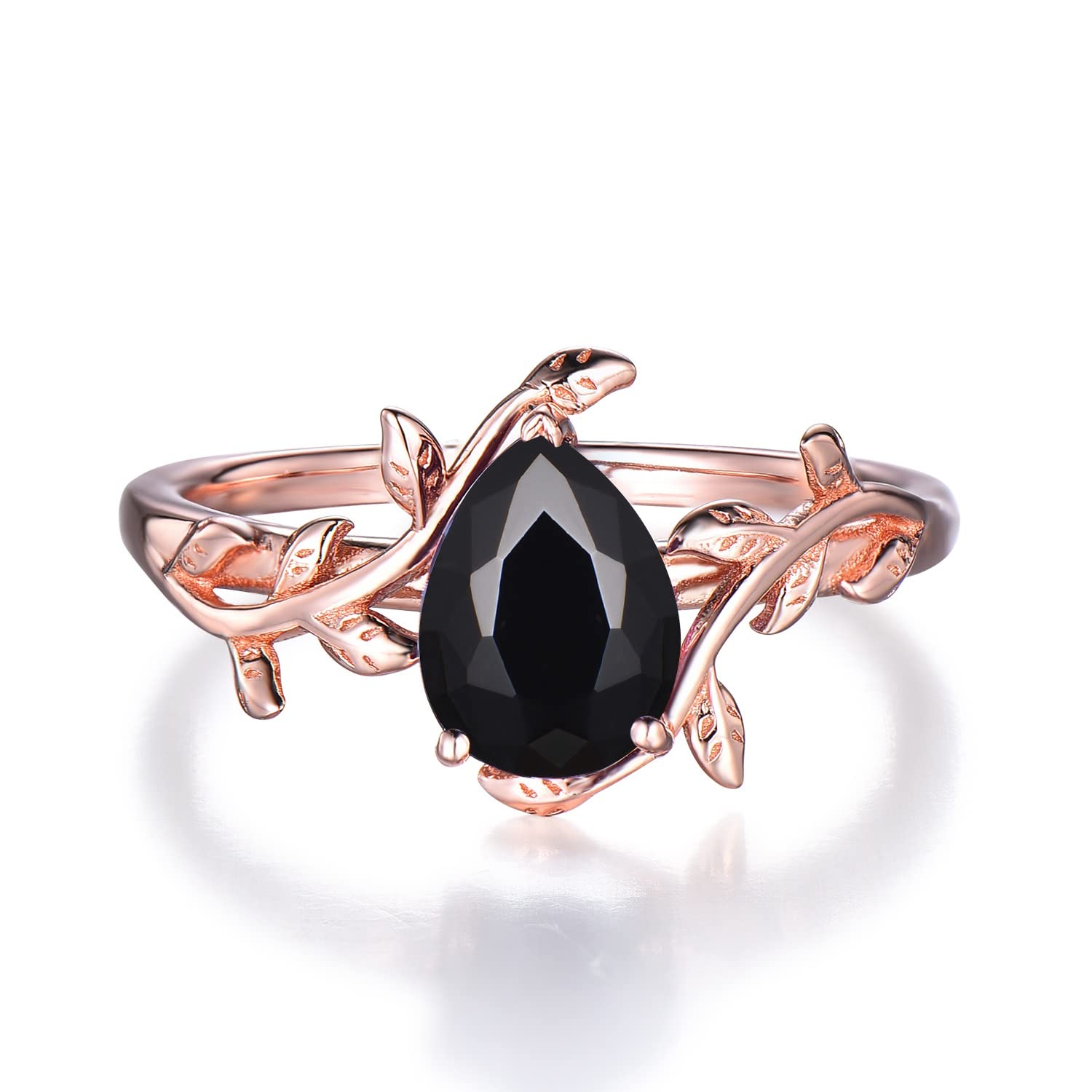 925 Sterling Silver Vintage Leaf Engagement Ring with Natural Pear Cut Black Onyx Stone – Elegant Wedding Band & Birthday Gift for Her | Perfect for Proposals, Anniversaries, and Special Occasions