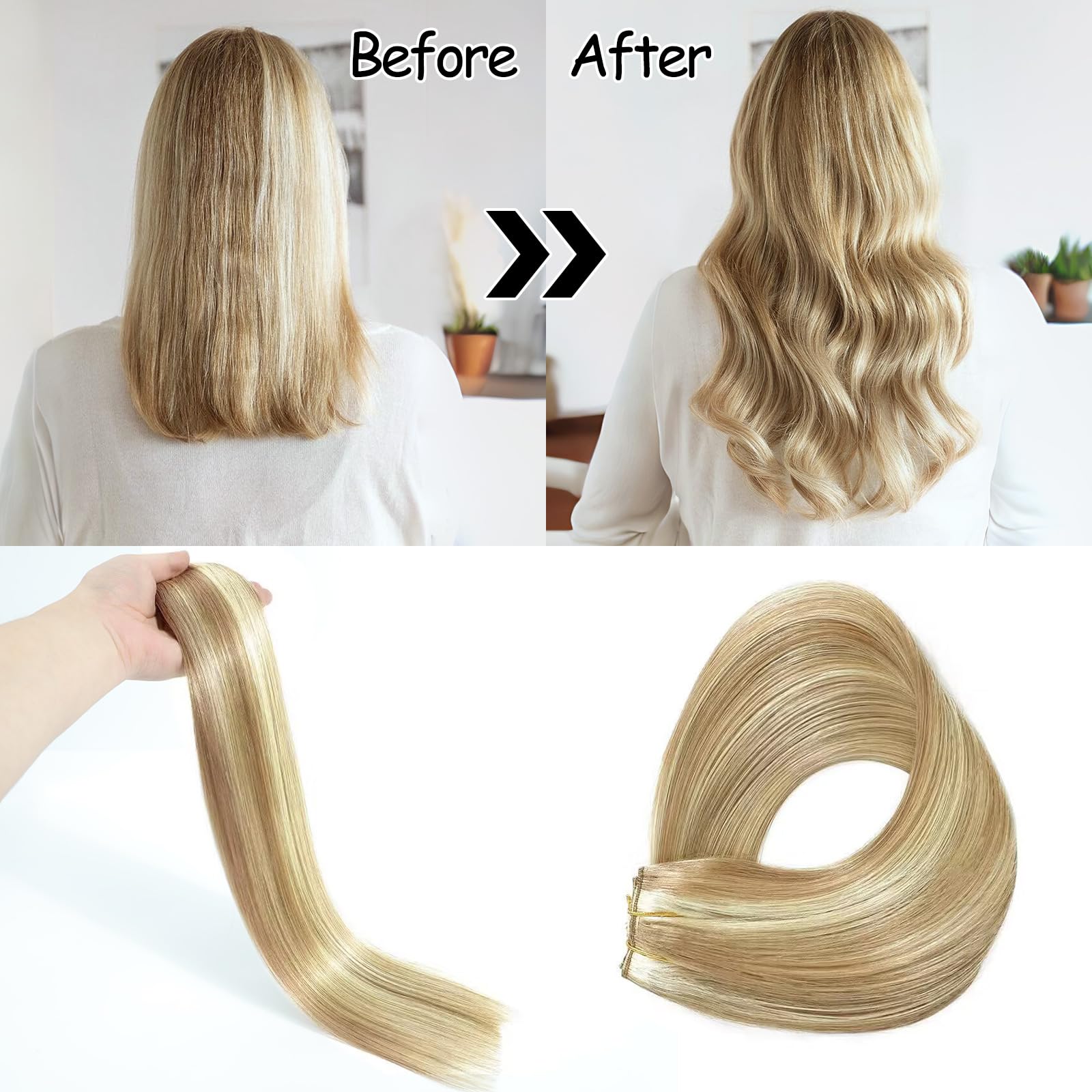 20 Inch Real Human Hair Extensions - Light Blonde to 613 Blonde Straight Hair with Hidden Wire & Transparent Fish Line for Invisible Look | Perfect for Daily Wear, Parties & Special Occasions