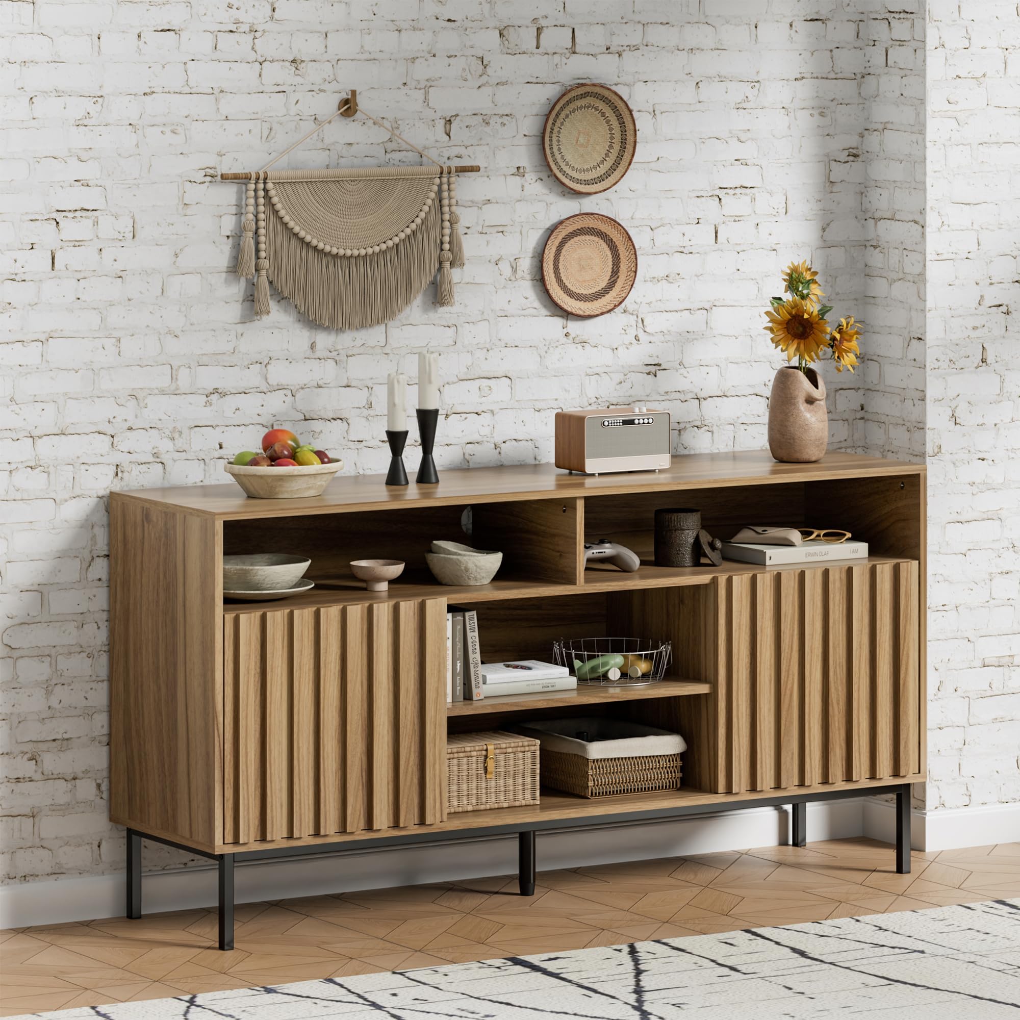 Mid Century Modern TV Stand Cabinet for Living Room - Wood Media Console with Shelves & Storage (Fits 50/55/60/65 Inch TVs) - Fluted Entertainment Center for Bedroom & Home Theater - Perfect for Organizing Electronics & Displaying Decor
