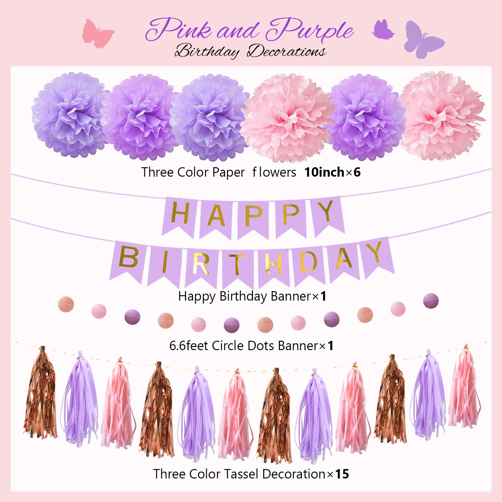 Pink & Purple Birthday Party Decorations Kit - Hanging Swirls, Tissue Pom Poms, Circle Dots, Tassel Garland, Balloons & Fringe Curtain for Women's Birthday Celebration | Perfect for Baby Showers, Bridal Showers & Anniversary Parties