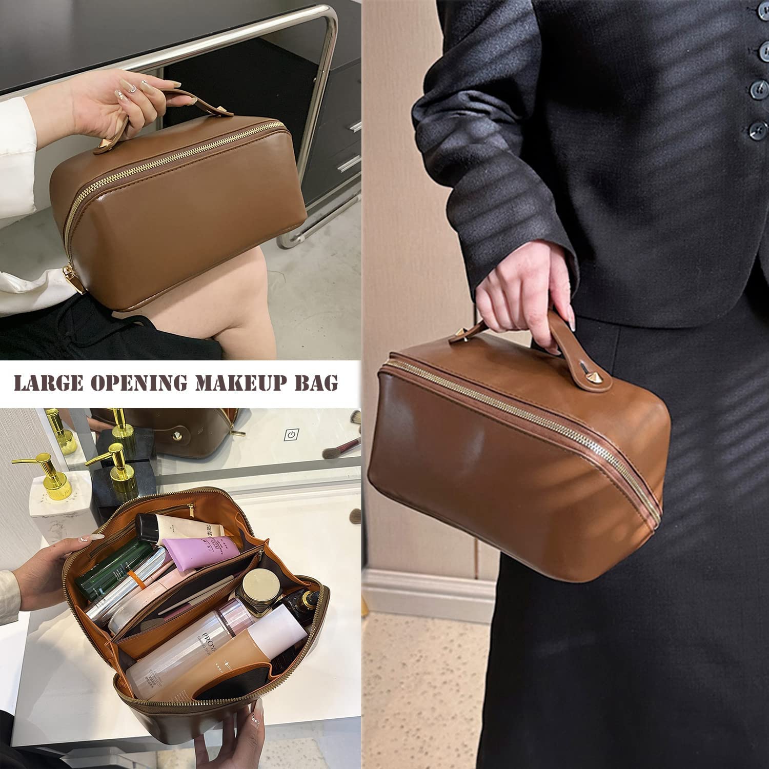 SUKEE® Leather Cosmetic Travel Organizer Bag for Women - Portable Makeup Pouch with Handle & Dividers, Wide Opening Cosmetic Case (Pack of 1) - Perfect for Air Travel, Gym & Daily Organization