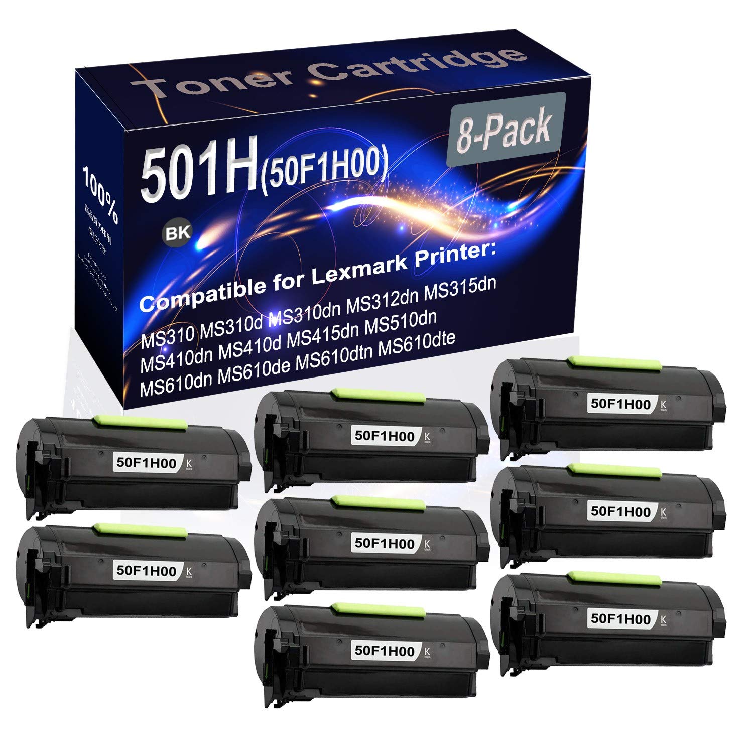 8-Pack High Yield Black Toner Cartridge Compatible with HP 501H 50F1H00 for MS310 MS310d MS310dn MS312dn MS315dn MS410dn Printers - Ideal for Office & Home Printing Needs