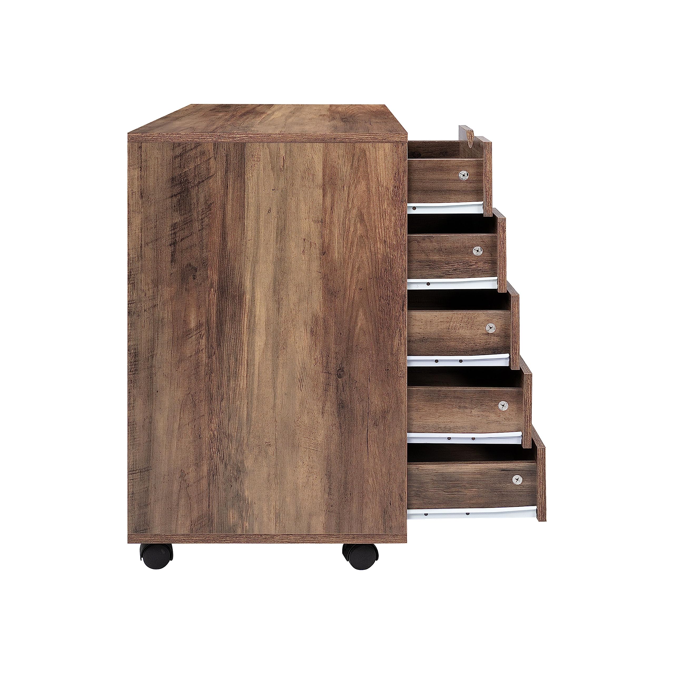 Naomi Home 5-Drawer Office Storage File Cabinet with Shelf & Wheels - Brown Oak, Under Desk Organizer for Home Office, Printer Stand with Storage | Perfect for Small Spaces & Workspace Organization (Model 11369AM)