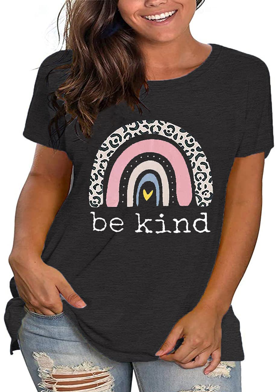 Plus Size Be Kind T-Shirt for Women - Cute Rainbow Graphic Tee with Inspirational Message | Funny Teacher Shirt & Kindness Apparel | Short Sleeve Casual Top for School, Work, or Everyday Wear