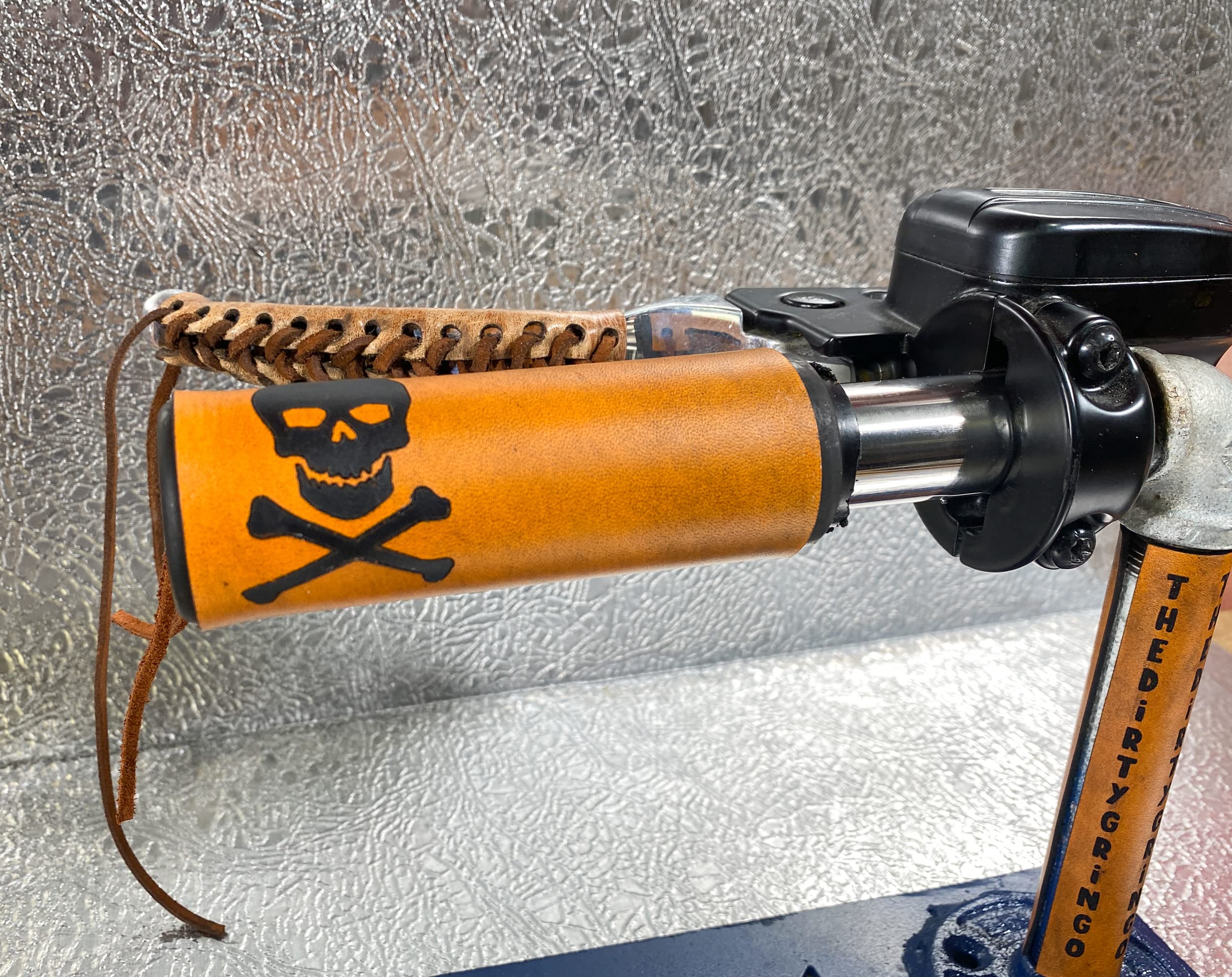 Dirty Gringo Skull & Bones Jolly Roger Tan Leather Motorcycle Grip Covers for Harley Davidson - Premium Biker Accessories for Cruiser & Chopper Riders