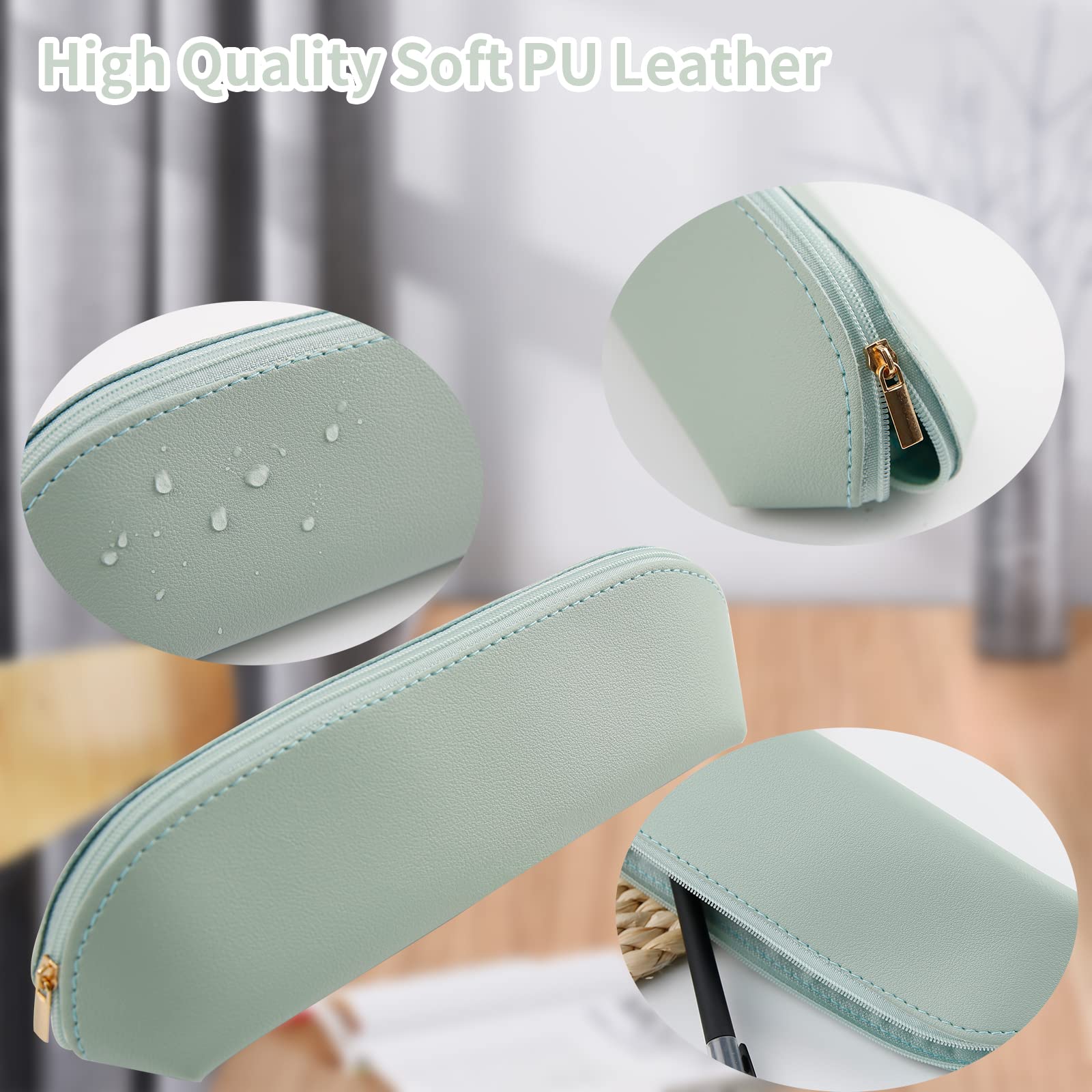 Premium Leather Zipper Pencil Case - Small Stationery Pouch for Pens, Markers, Cosmetics & Coins (Light Blue) | School, Office & Travel Organizer