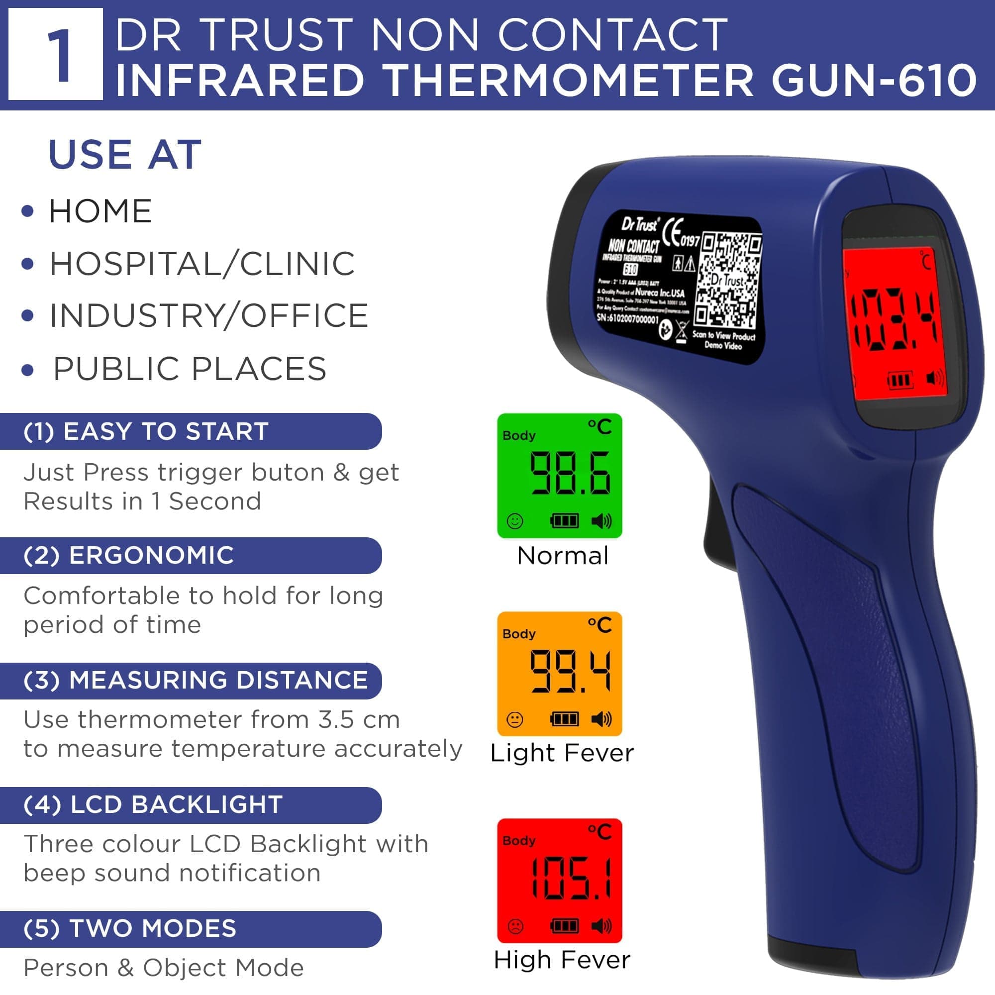Dr Trust USA Covid Essential Basic Combo Pack - Pulse Oximeter 215 & Non-Contact IR Thermometer | Accurate Oxygen Monitor & Fever Detection for Home, Travel & Healthcare Use