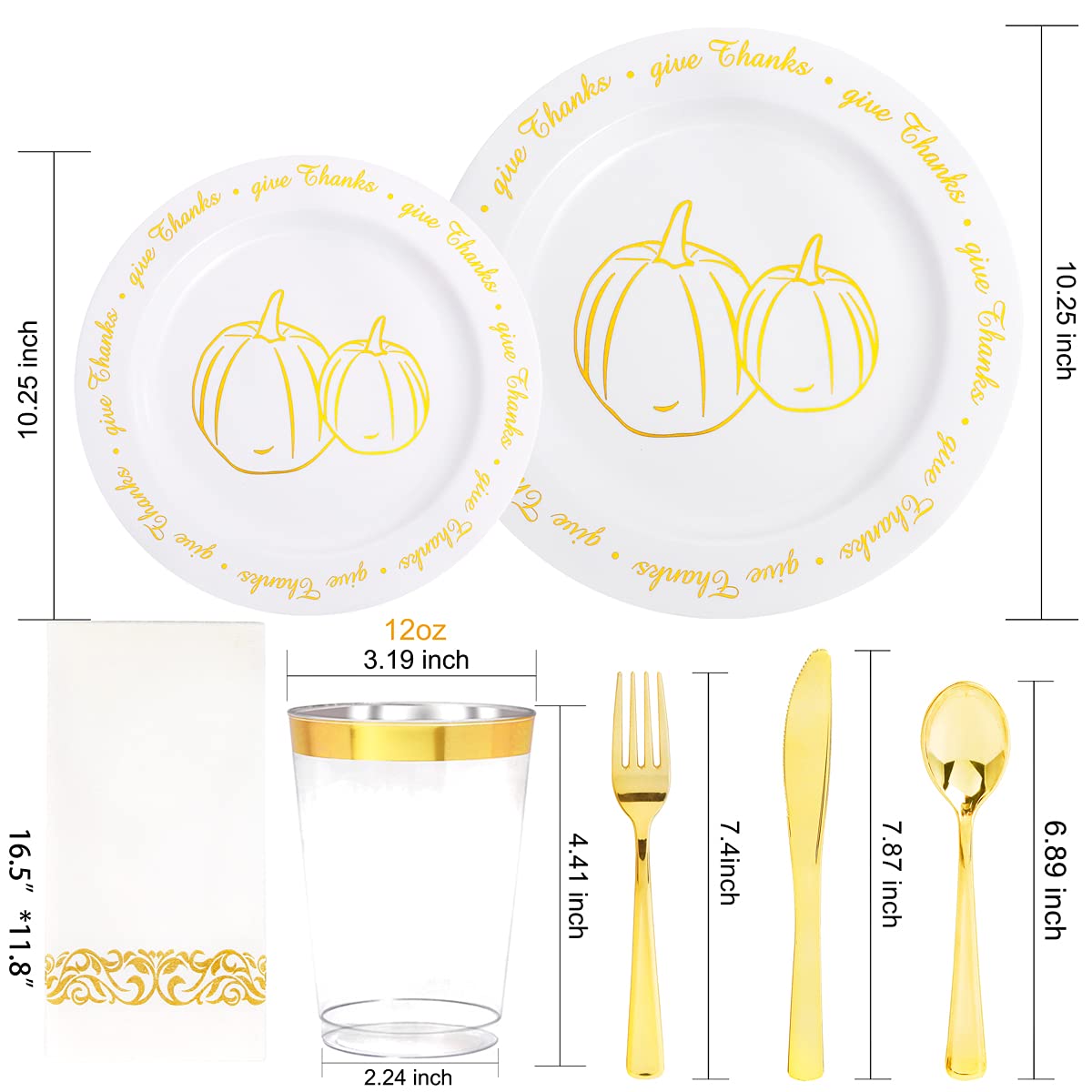 200-Piece Thanksgiving Dinnerware Set - Gold Plastic Plates, Silverware, Cups & Napkins for Fall Parties | Elegant Disposable Tableware for Thanksgiving Feast, Holiday Gatherings & Autumn Celebrations