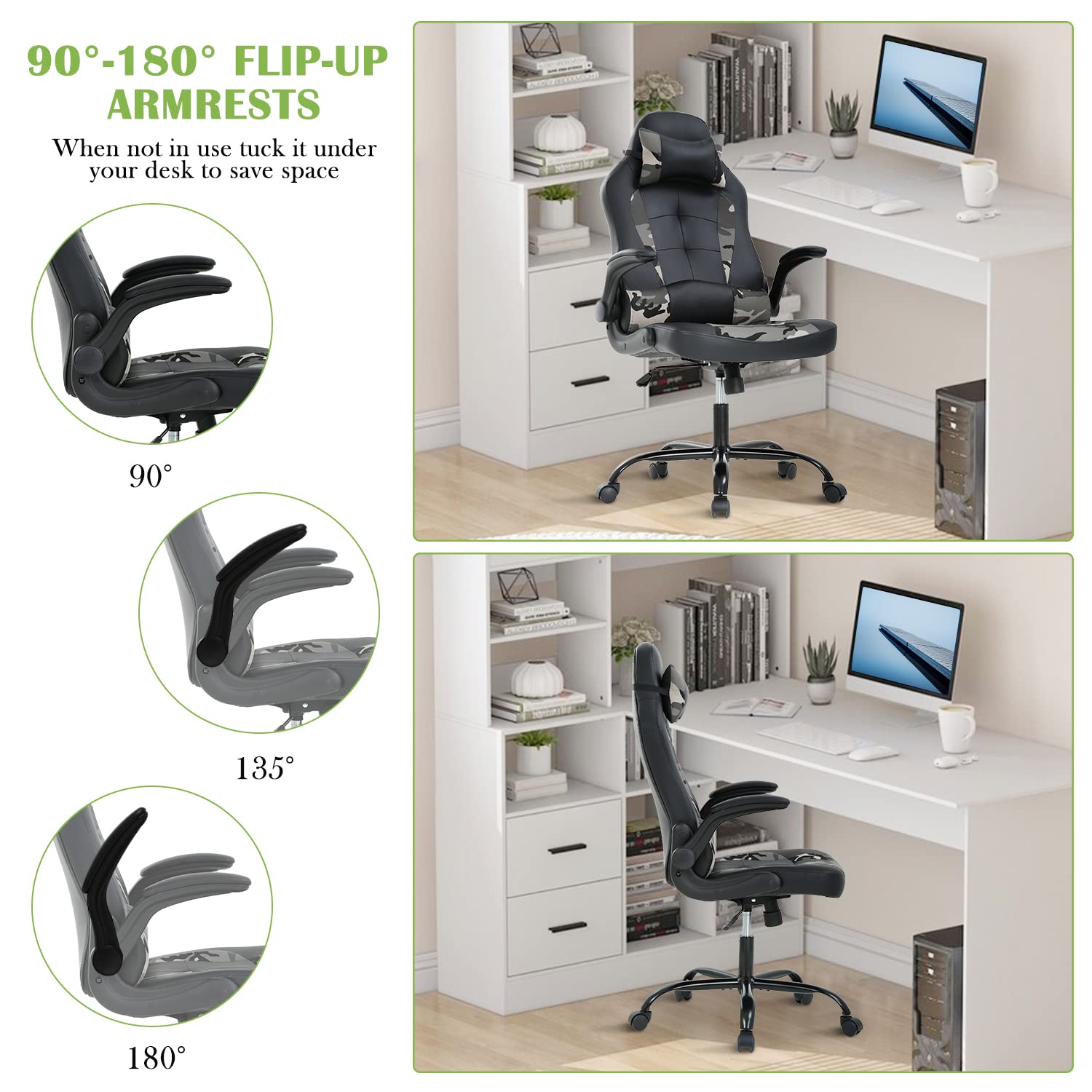 Ergonomic High Back Office & Gaming Chair with Adjustable Lumbar Support & Headrest - PU Leather Executive Swivel Task Chair for Home Office, PC Gaming, and Work - Perfect for Long Hours of Comfort (Camo Design)