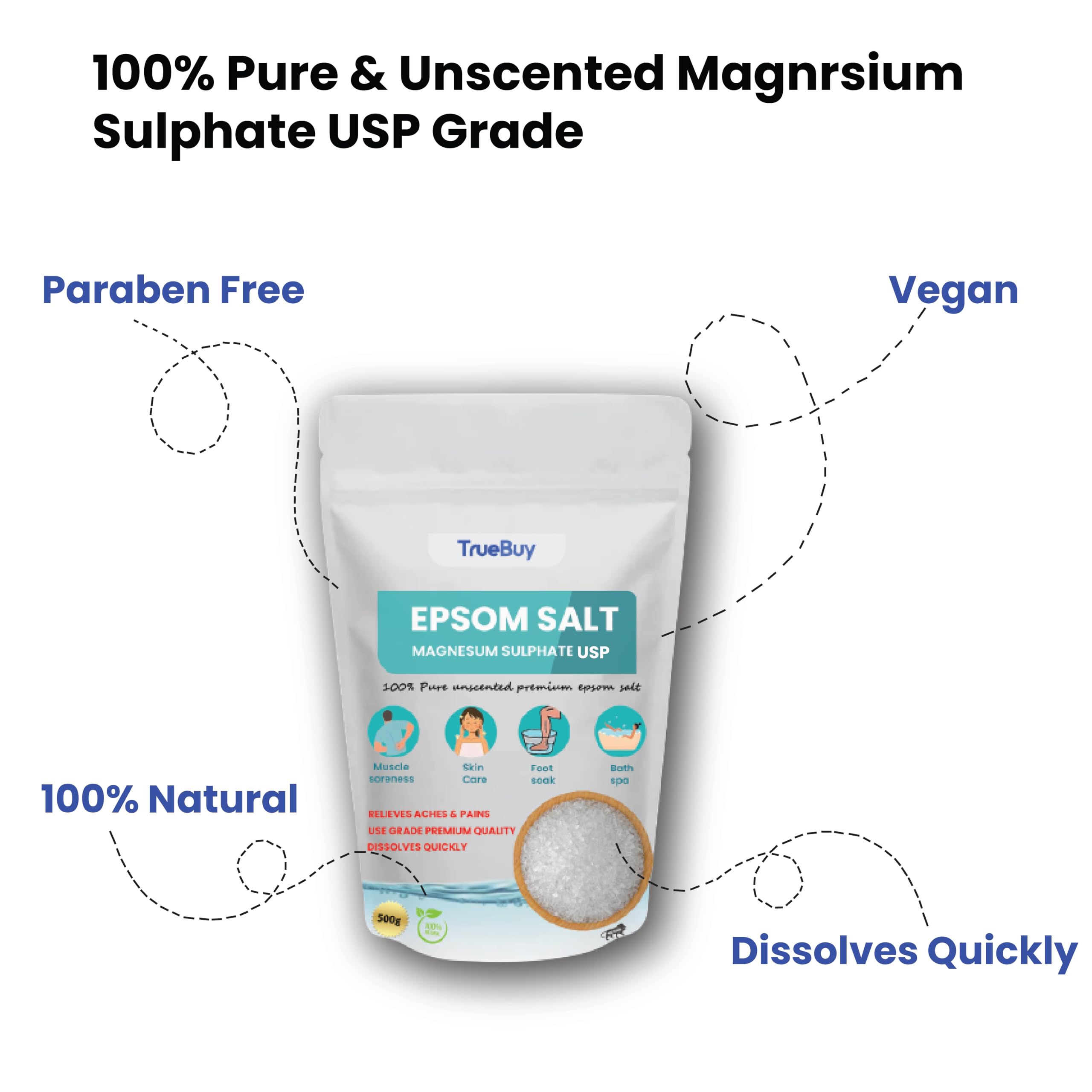 TrueBuy Epsom Salt for Bath - 900g Magnesium Sulfate Crystals for Muscle Relaxation, Pain Relief & Stress Relief | Perfect for Post-Workout Recovery, Spa Days & Relaxing Baths