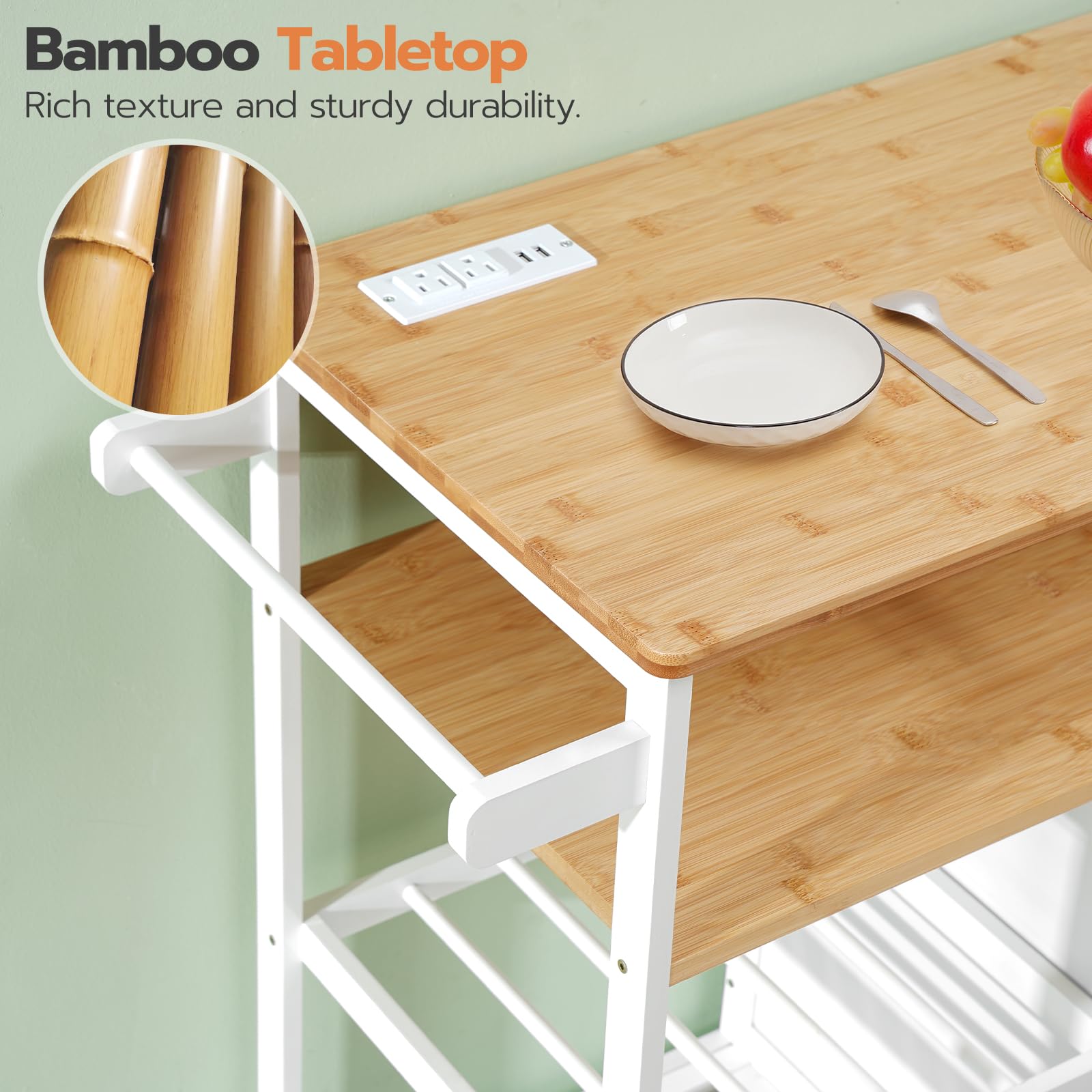HOOBRO White and Natural Kitchen Island with Storage, Power Outlet, 4-Tier Coffee Station & Microwave Stand - Large Worktop Kitchen Cart for Home, Dining Room | Perfect for Small Spaces, Entertaining & Coffee Bar Setup