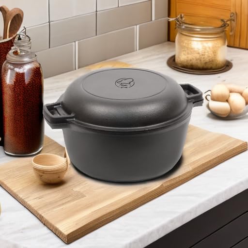 Commercial Chef 5-Quart Cast Iron Dutch Oven with Skillet Lid – Heavy Duty Enameled Cookware for Baking, Roasting & Camping – Perfect for Stovetop, Oven & Outdoor Cooking