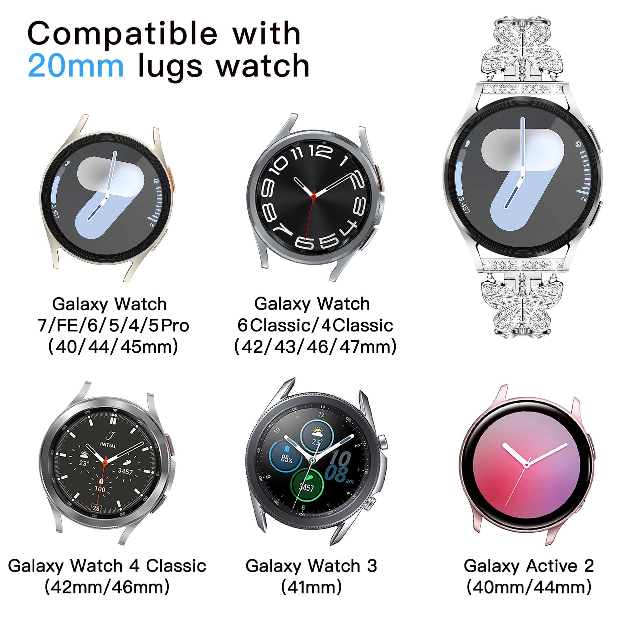 Samsung Galaxy Watch 7/6/5/4 Strap - 20mm Bling Metal Band for Women | Workout & Party
