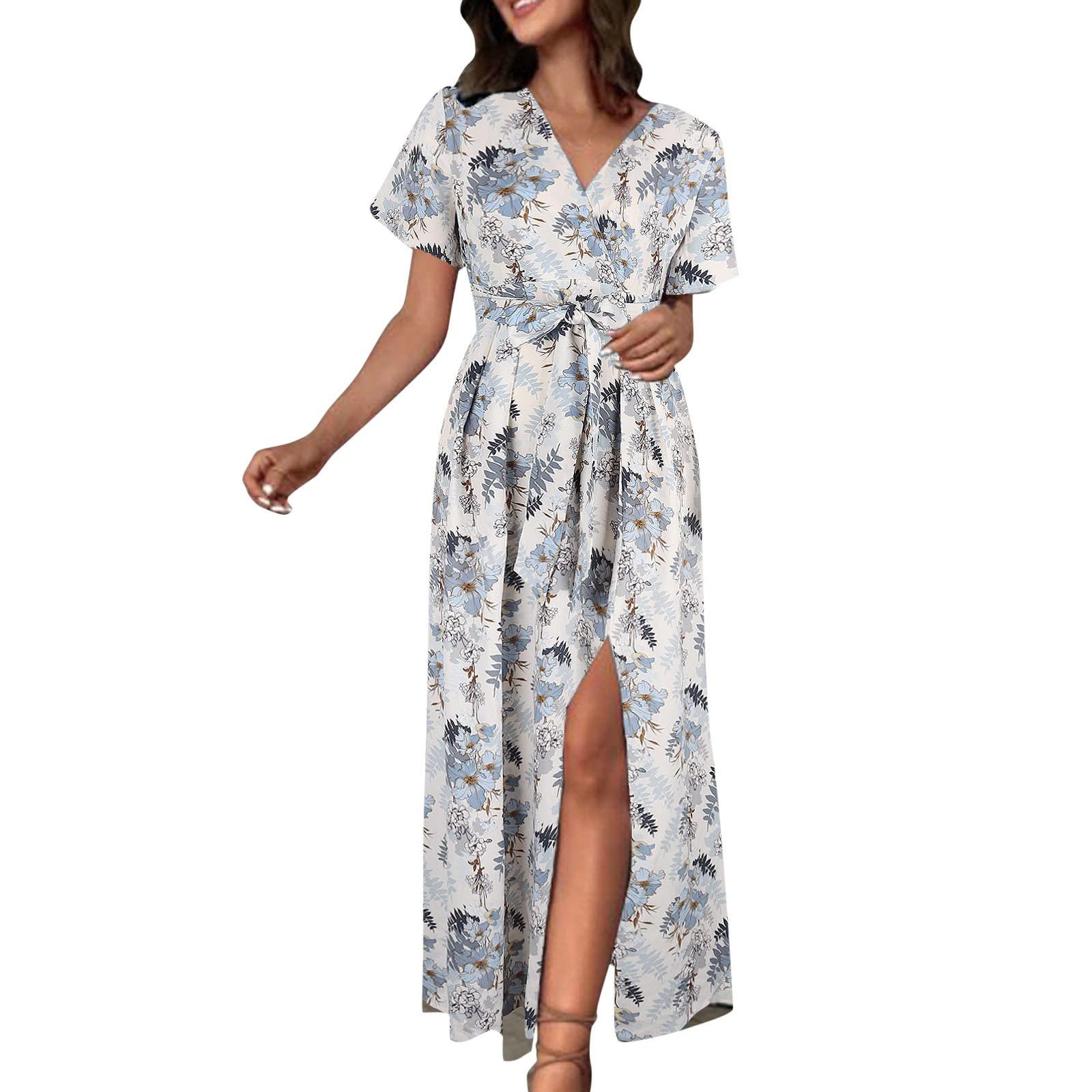 Women's Floral Print V-Neck Short Sleeve Sling Maxi Dress - Casual Loose Button Down Dress for Summer, Beach, Party & Vacation Outfits