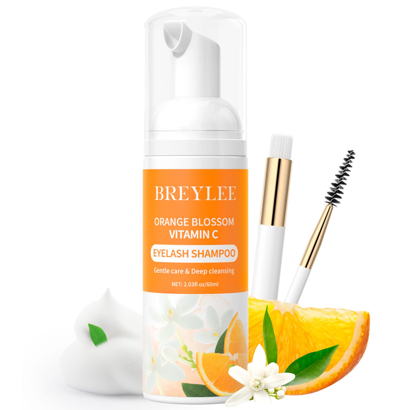 Brelyee Orange Blossom Eyelash Extension Cleanser 60ml with Brush - Sulfate & Paraben Free Lash Shampoo for Extensions | Professional & DIY Lash Wash, Cleanser & Bath | Perfect for Salon, Spa & Home Use