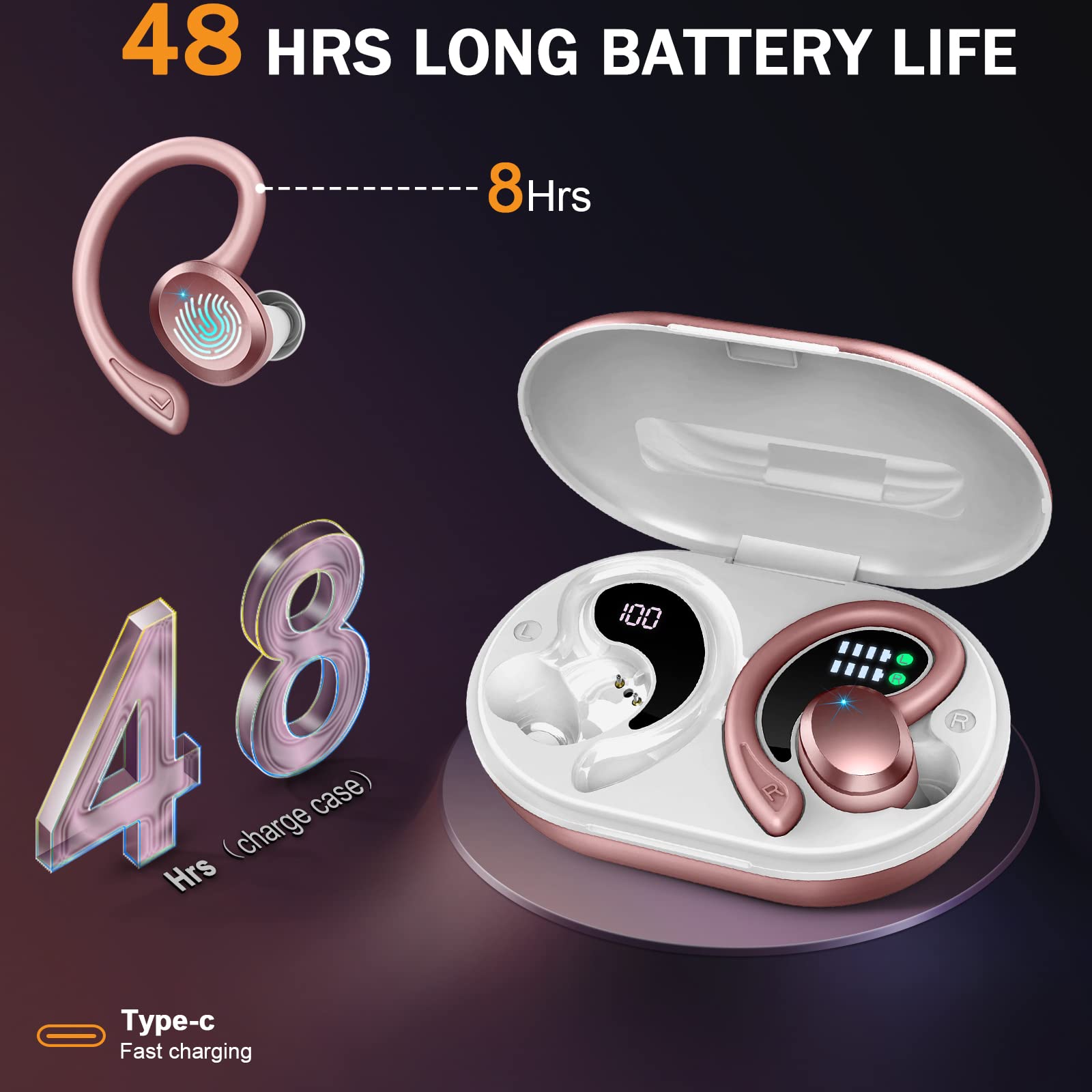 Wireless Bluetooth 5.3 Earbuds with Hi-Fi Stereo Bass, 48H Playtime & Noise Cancelling - IP7 Waterproof Sports Earphones with Earhooks for Running, Workout, Gym | Compatible with Android, iOS, Laptop & Tablet