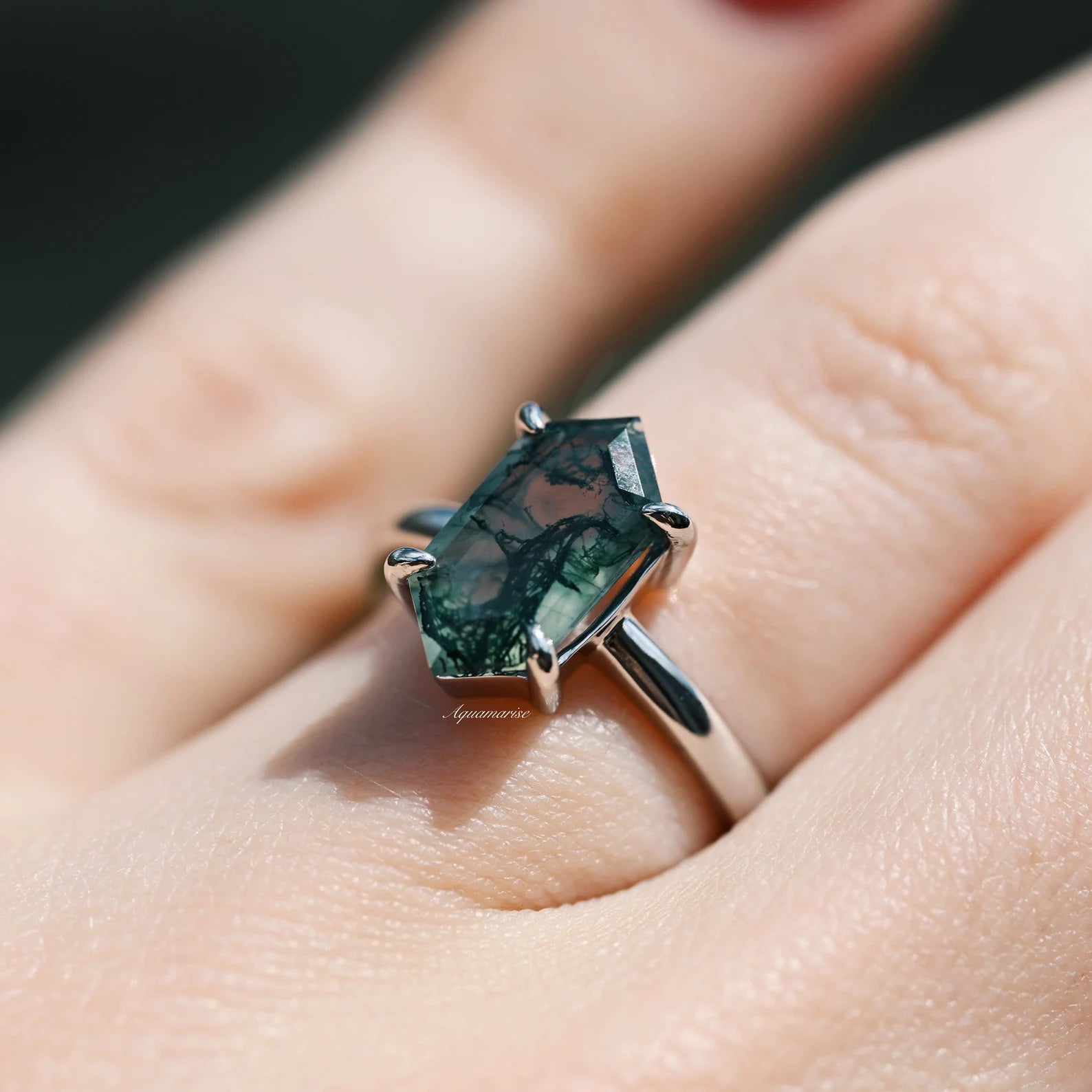 Hexagon Green Moss Agate Ring for Women - Sterling Silver 925 Adjustable Size, Healing Crystal Jewelry for Meditation & Spiritual Gifts