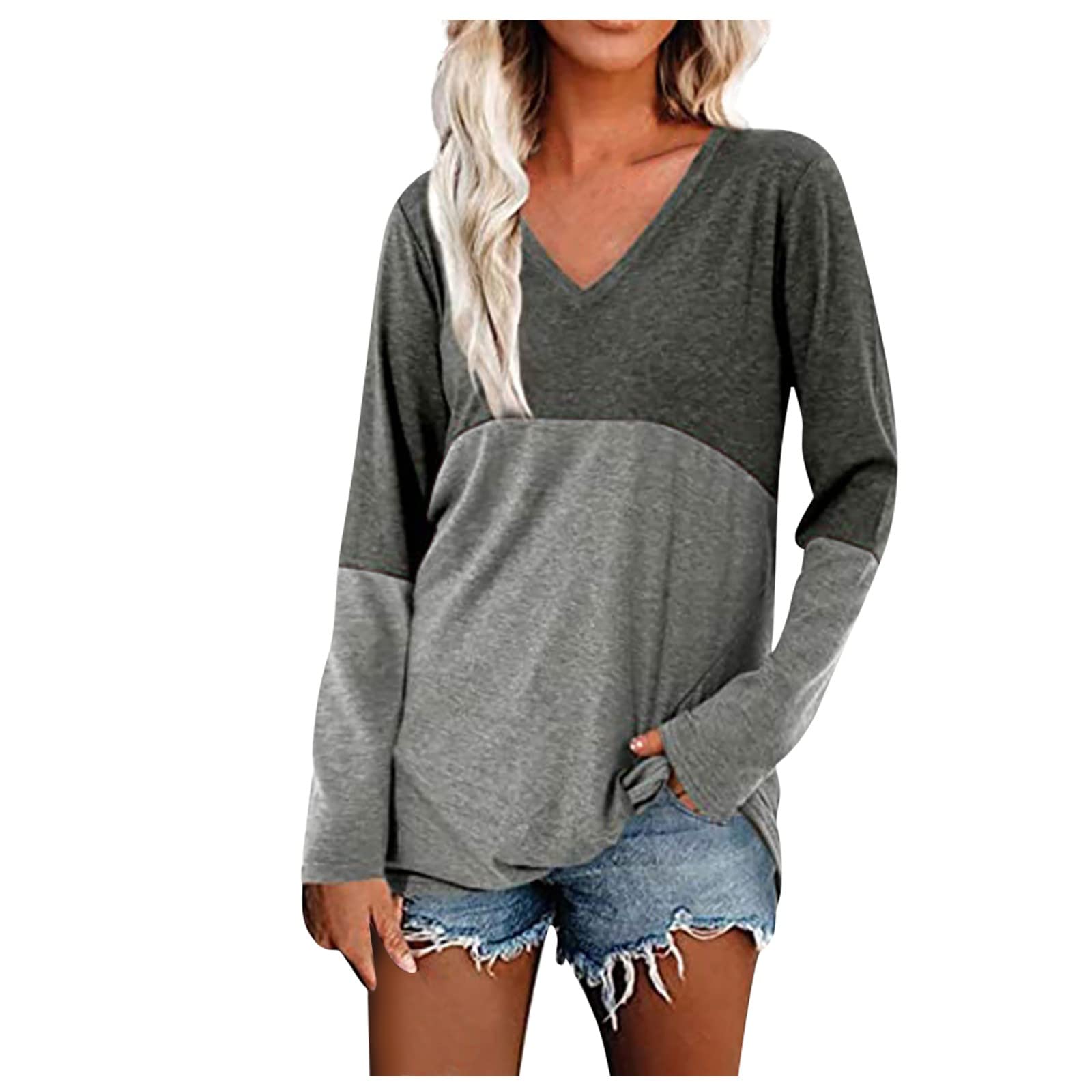 Taymeis Women's Contrast Color V-Neck Long Sleeve T-Shirt - Casual Athletic Top for Fall | Trendy Gray Workout & Everyday Wear 2022