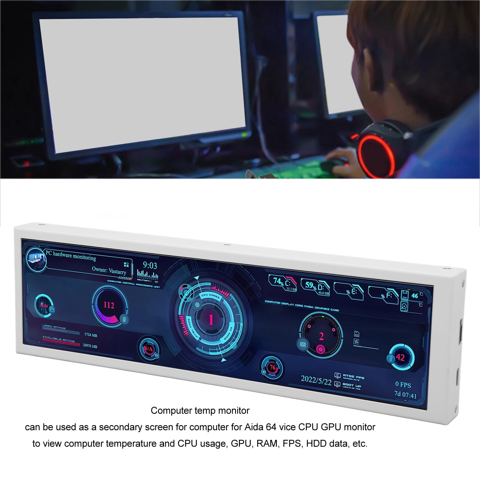 Goshyda 8.8 Inch PC Temperature Monitor with IPS Mini Secondary Screen - 360° Auto Rotation for CPU GPU Monitoring, Aida 64 Support (Touch Screen) - Perfect for Gaming PCs, Workstations, and PC Builders