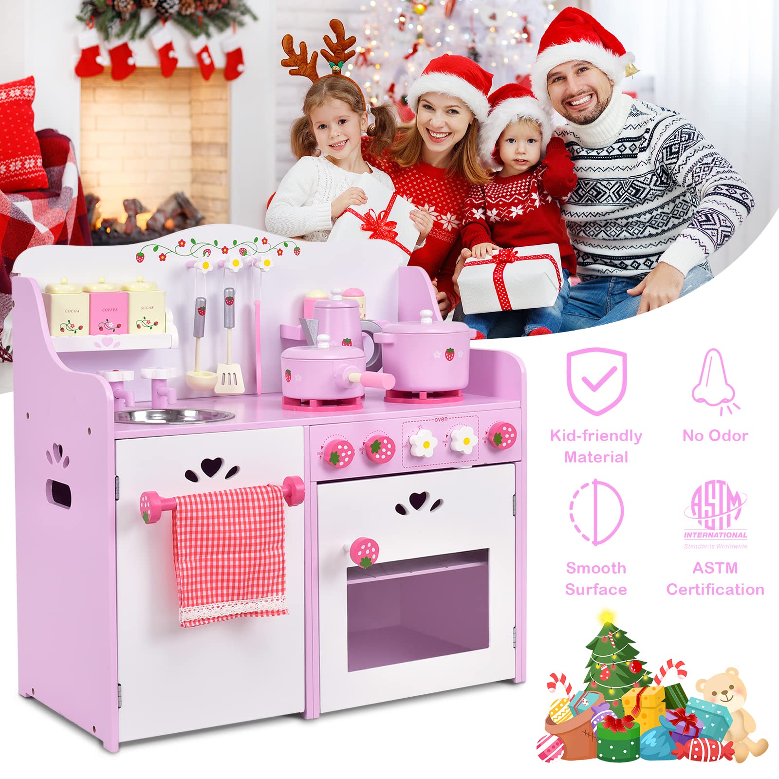 OLAKIDS Pink Wooden Play Kitchen Set for Toddlers - Strawberry Themed Pretend Play Toy with Cookware, Stove, Oven, Sink & Storage Cabinets - Ideal Cooking Gift for Girls (Perfect for Pretend Play, Role Playing & Early Learning)