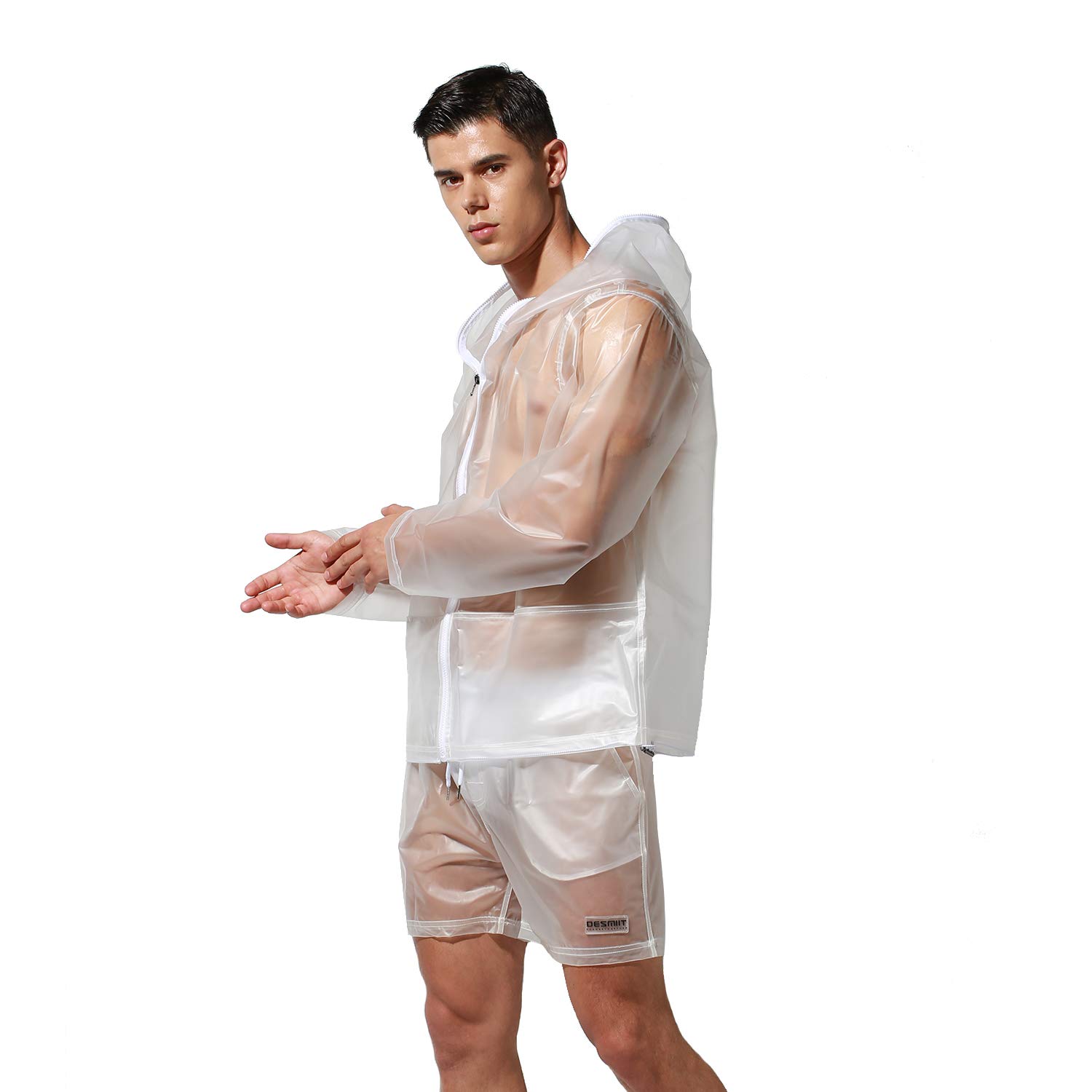 Waterproof Men's PU Raincoat & Shorts Set - Solid Color Fashion Travel Jacket for Outdoor Activities, Hiking, and Commuting