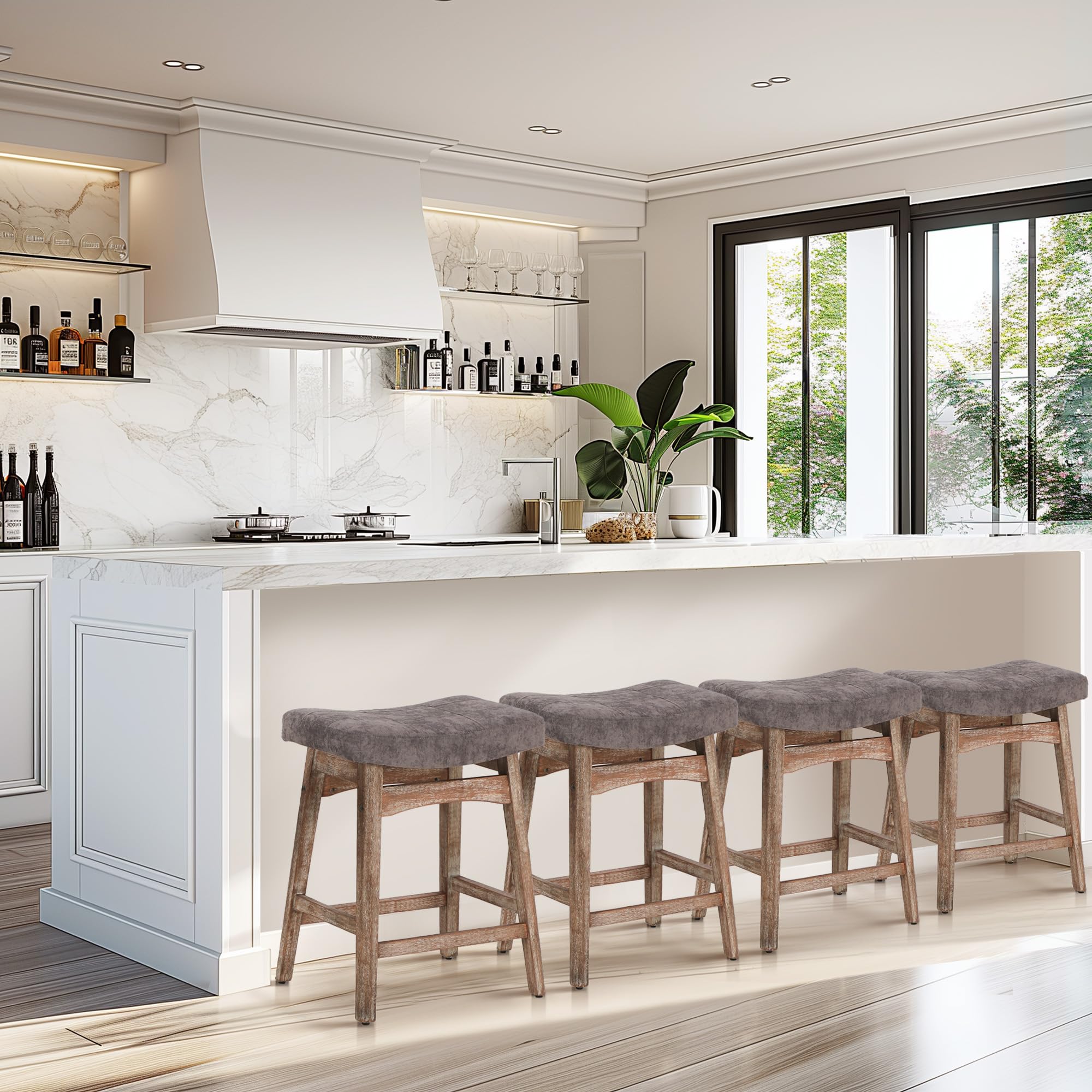 MAISON ARTS Set of 4 Farmhouse Counter Height Bar Stools - 24 Inch Solid Wood Legs with Grey Fabric Upholstered Saddle Seat for 34