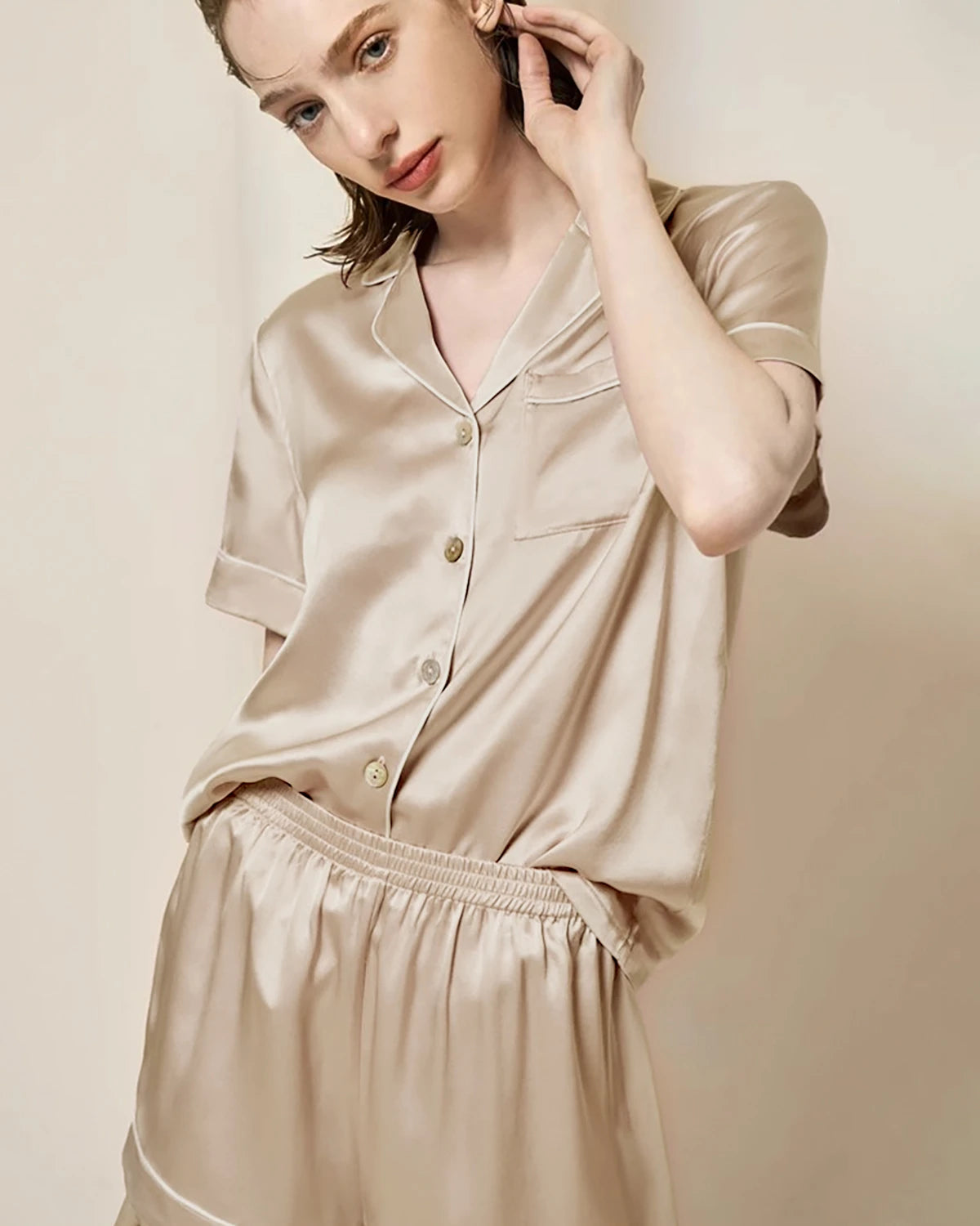 Silk Pajama Set for Women - Washable Short Sleeve Sleepwear - Soft & Breathable Nightwear for Summer, Lounge & Travel