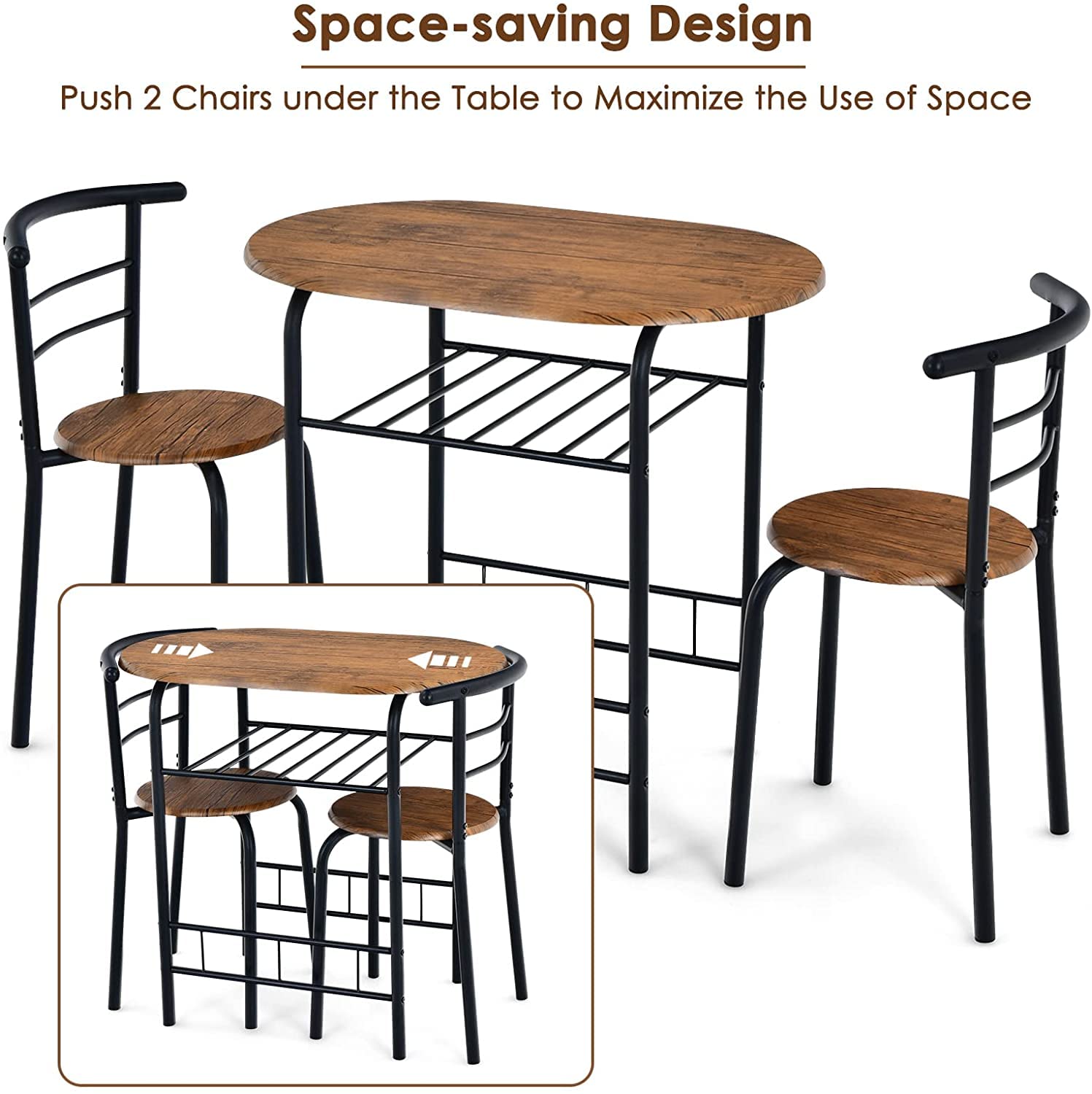 FANTASK 3-Piece Dining Table Set with 2 Chairs - Compact Kitchen Table with Metal Frame & Storage Shelf - Space-Saving Breakfast Nook Set for Apartments, Small Kitchens, Cafes (Black & Brown) - Perfect for Morning Coffee, Casual Meals & Small Space Dining