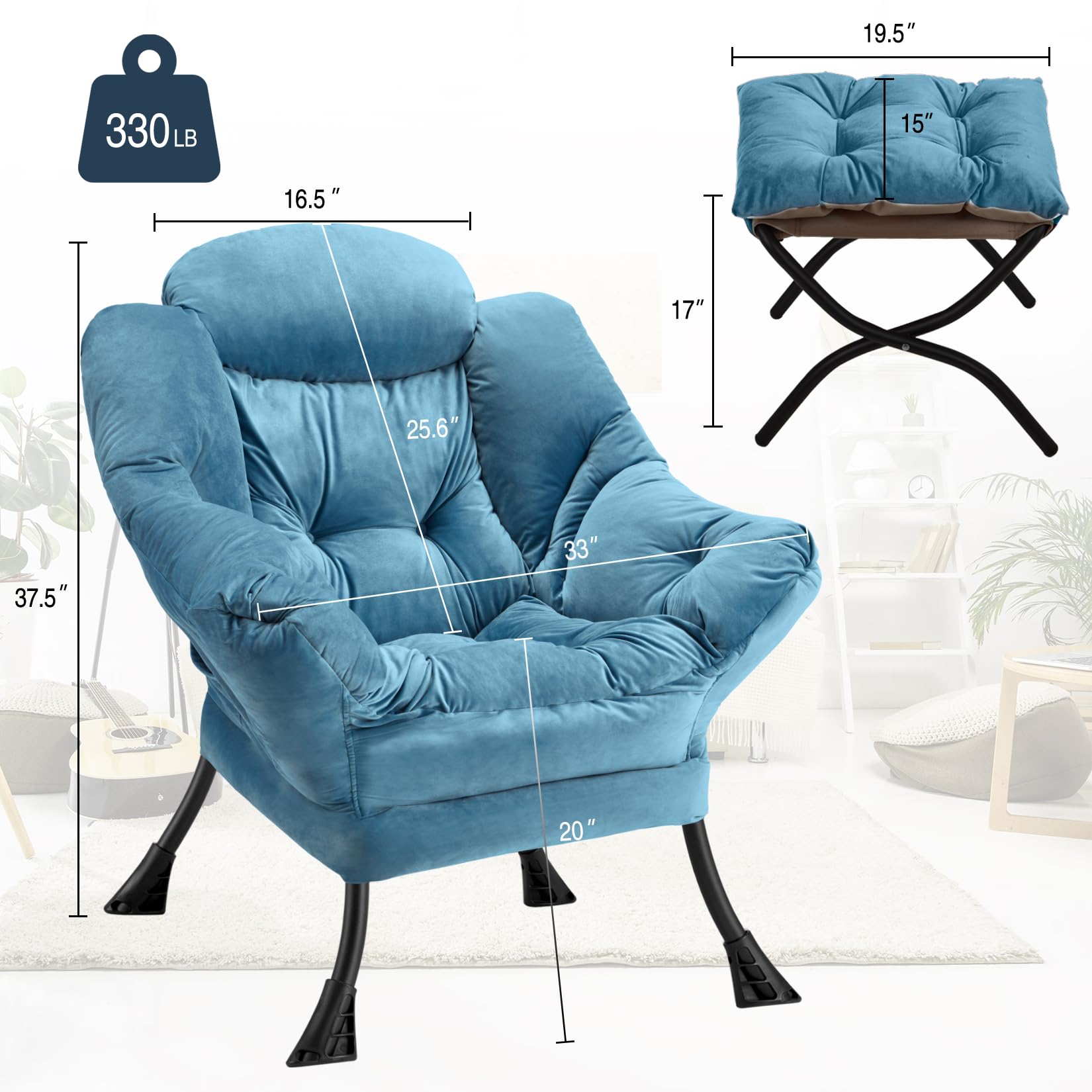 Modern Large Accent Chair with Folding Ottoman - Contemporary Upholstered Lounge Chair with Armrests - Comfortable Reading Armchair for Bedroom, Dorm & Office (Blue) - Perfect for Relaxing, Napping & Small Space Living