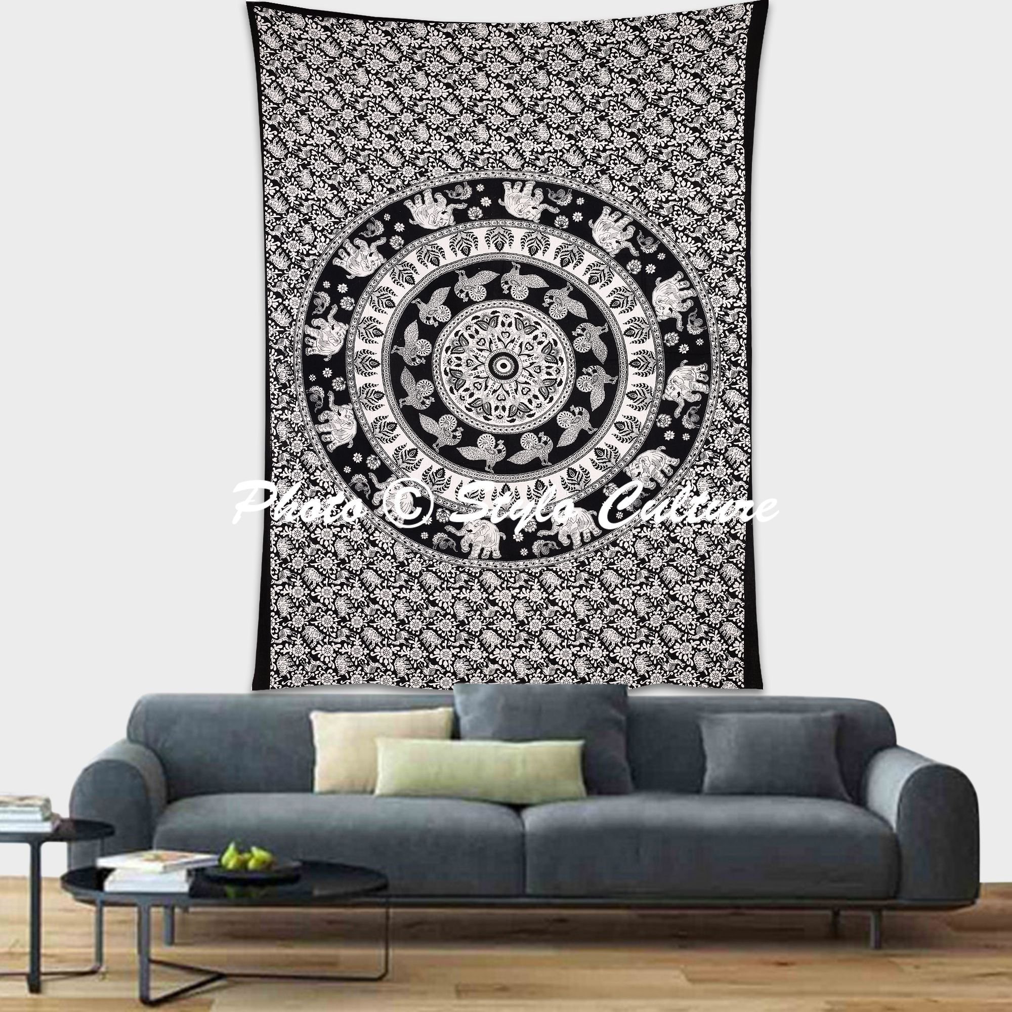 Indian Hippie Wall Tapestry - Mandala Black Elephant Printed Boho Wall Hanging Decor for Bedroom, Living Room, Dorm - Perfect for Meditation Spaces & Bohemian Home Decor