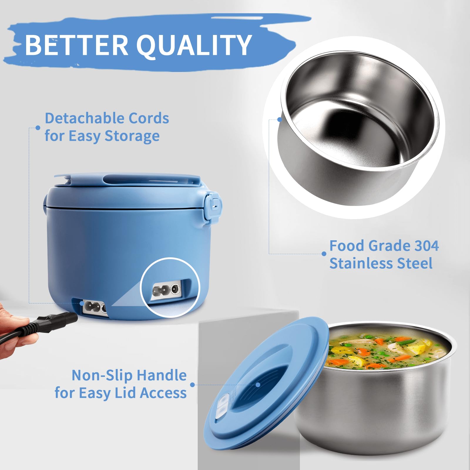 Aotto 32oz Electric Lunch Box - Portable Food Warmer for Office, Car & Travel - 12V/24V/110V 3-in-1 Heater - Spill-Proof Soup & Meal Warmer - Perfect Gift for Men & Women (Blue) - Ideal for Commuting, Road Trips & Workplace Lunch Heating