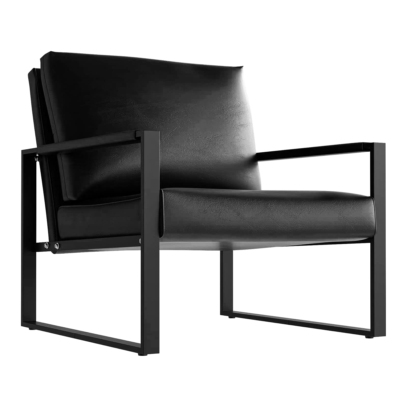Mid-Century Modern PU Leather Accent Chair with Extra-Large Ergonomic Cushion - Sturdy Metal Frame & Anti-Scratch Foot Mats - Single Sofa Armchair for Living Room, Bedroom, Office & Lounge Areas