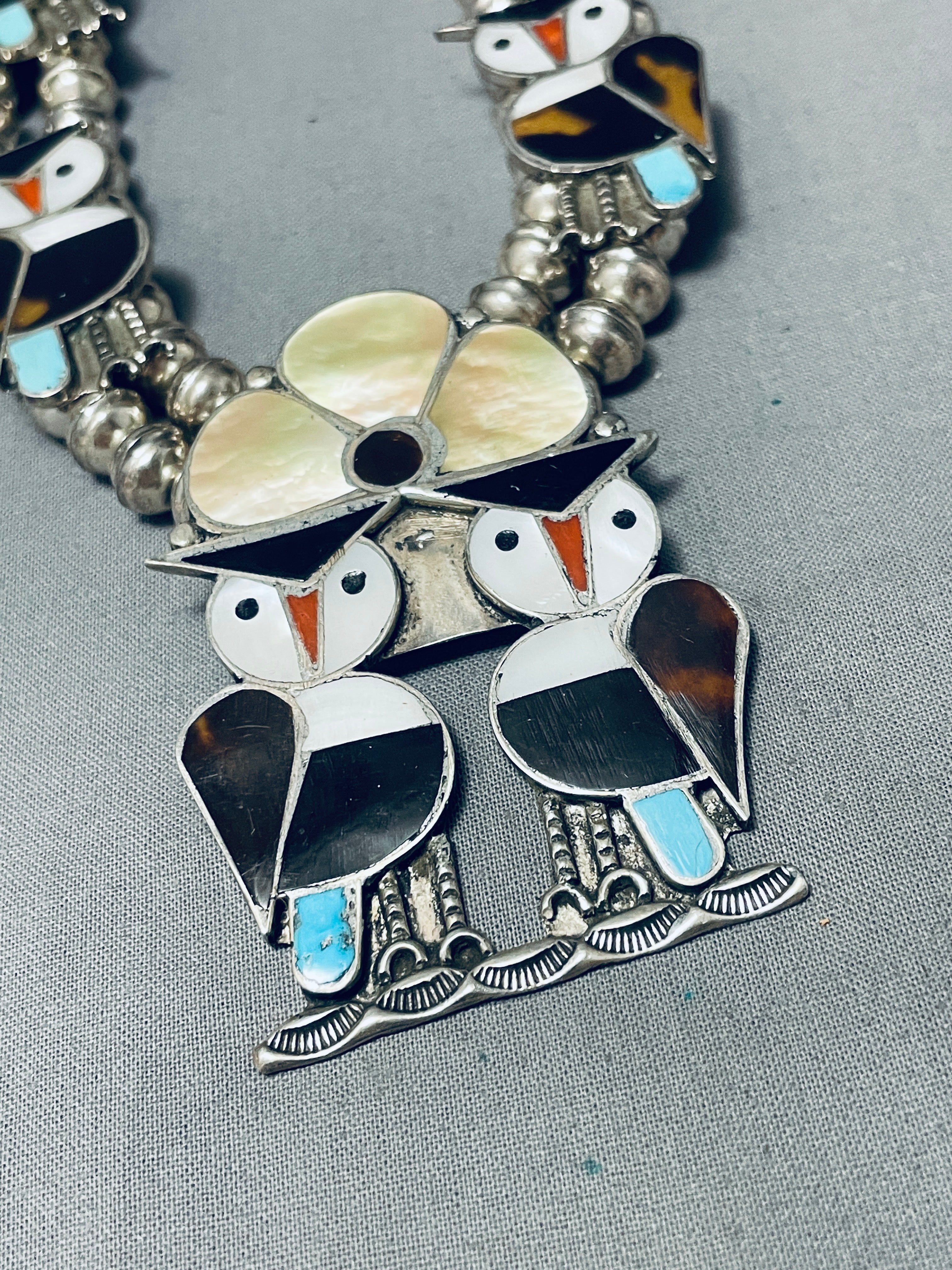 Vintage 1970s Zuni Native American Owl Sterling Silver Squash Blossom Necklace - 149g Handcrafted Inlay Jewelry for Boho Fashion & Southwest Style Outfits