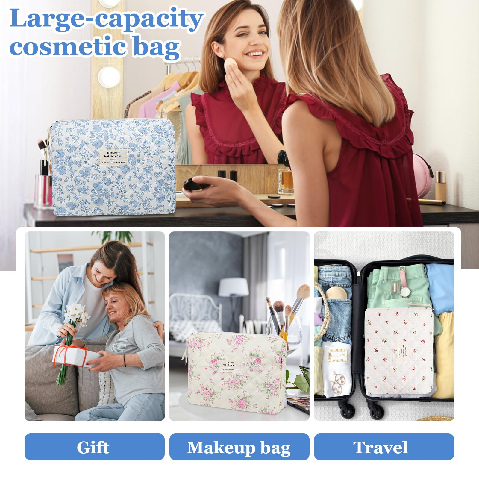Floral Makeup Bag for Women - Large Quilted Cosmetic Pouch, Blue Flower Travel Organizer for Toiletries & Beauty Essentials