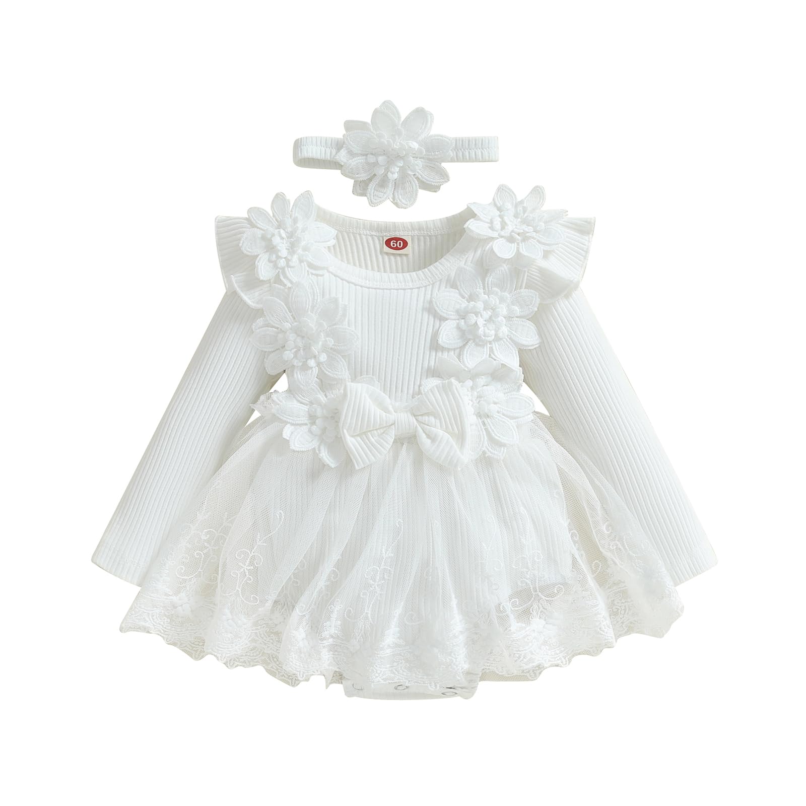 **Baby Girl Princess Birthday Party Dress - Long Sleeve Lace Flower Tutu Romper - Newborn Fall Outfit for Photoshoots, Holidays & Special Occasions**