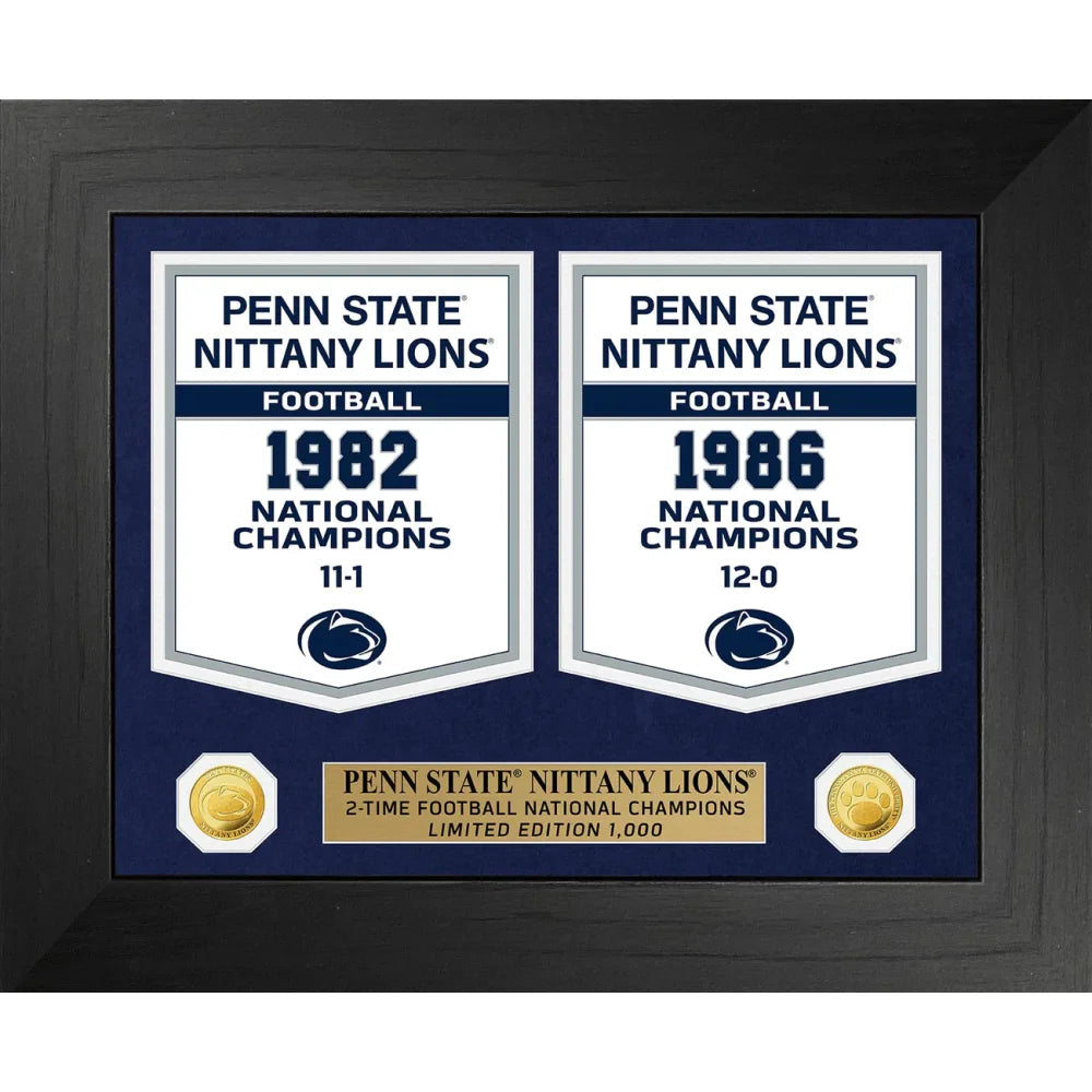 Penn State Nittany Lions NCAA Football National Championship Banner & Gold Coin Framed Collage - Perfect for Game Room, Man Cave, or College Football Fan Decor