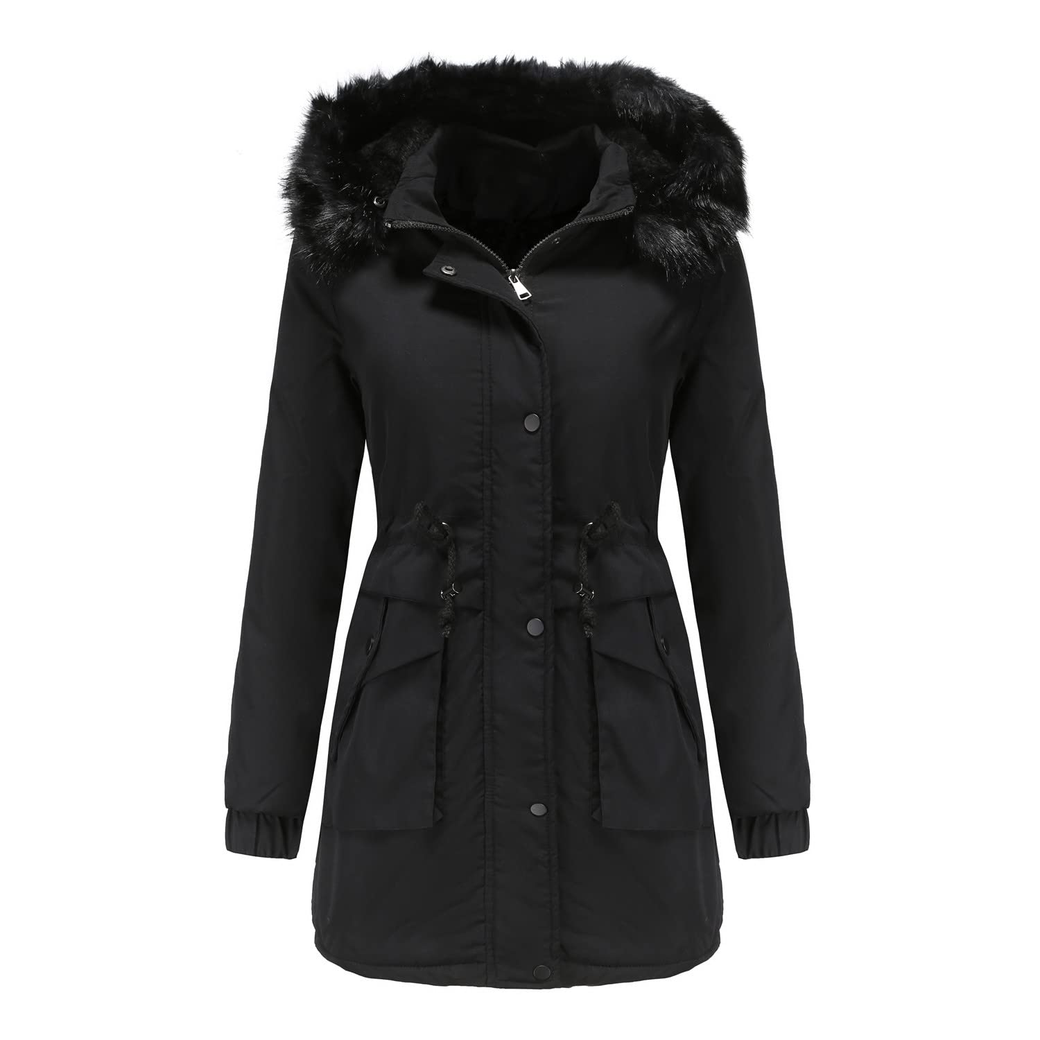 Women's Plus Size Faux Fur Lined Wool Trench Coat - Windproof Winter Warm Hooded Overcoat for Casual Outwear & Outdoor Activities