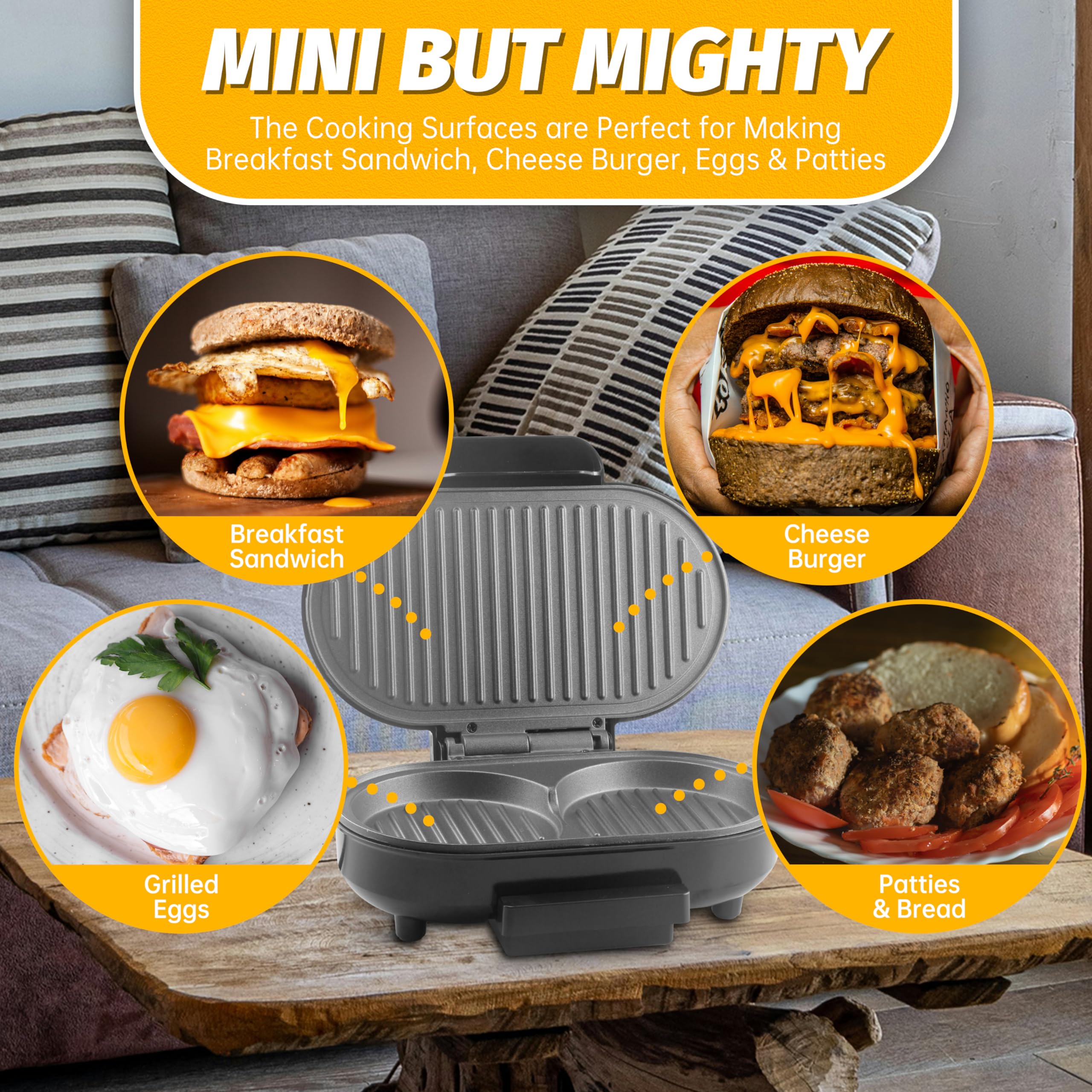 Double Mini Electric Grill - Sandwich & Burger Maker for Breakfast & Lunch