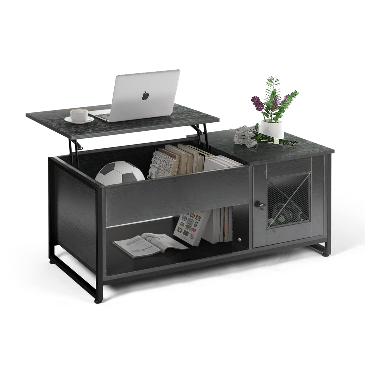 Industrial Lift Top Coffee Table with Hidden Compartment & 2-Tier Storage - Convertible Dining Table for Living Room, Reception with Metal Mesh Doors & Waterproof Tabletop - Perfect for Small Spaces, Home Office & Entertaining Guests