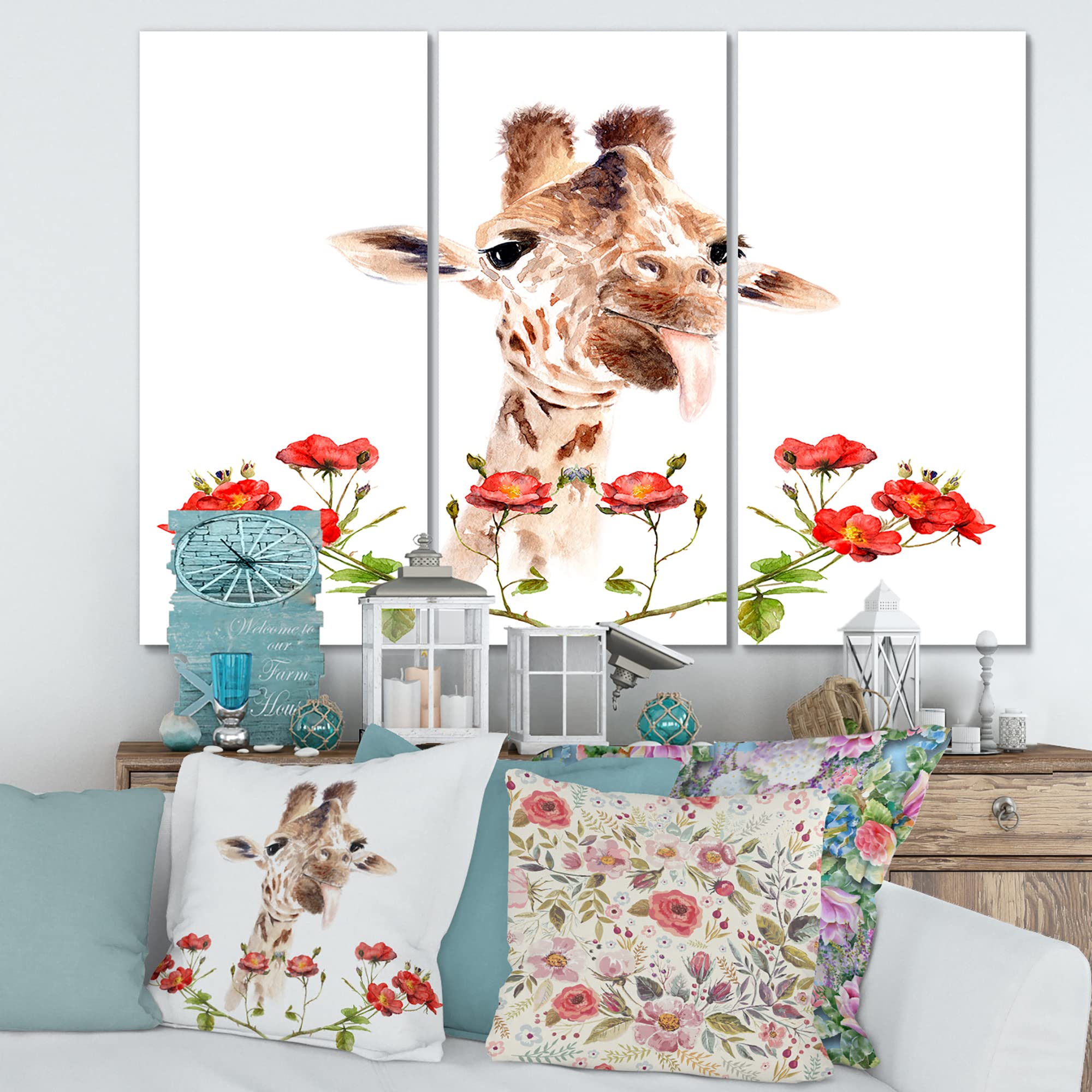 DesignQ Giraffe with Flowers II - Farmhouse Canvas Wall Art for Living Room, Bedroom & Office Decor