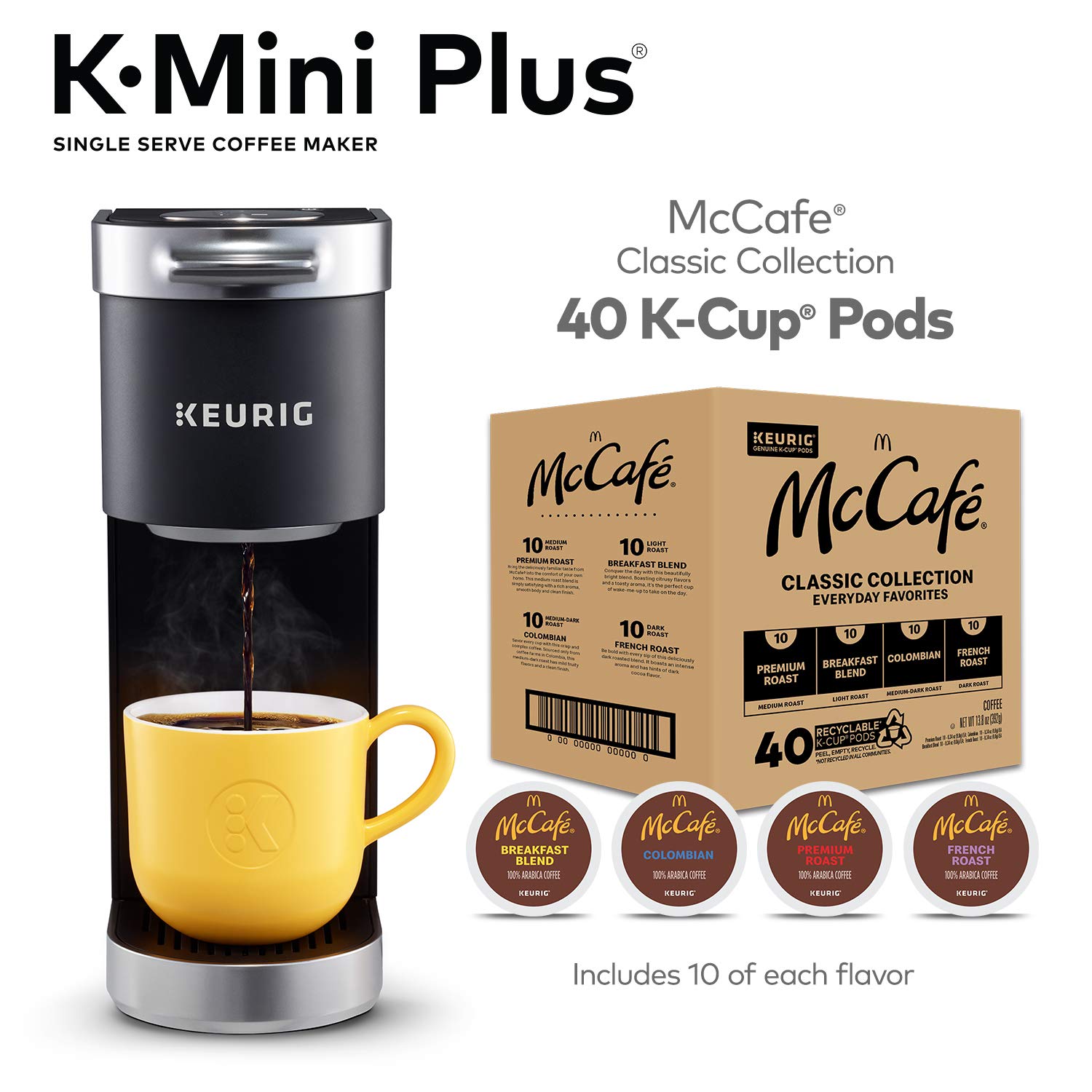 Keurig K-Mini Plus Single Serve Coffee Maker with McCafé Classic Collection Variety Pack (40 K-Cup Pods) - Compact Brewing for Home, Office & Dorm Use