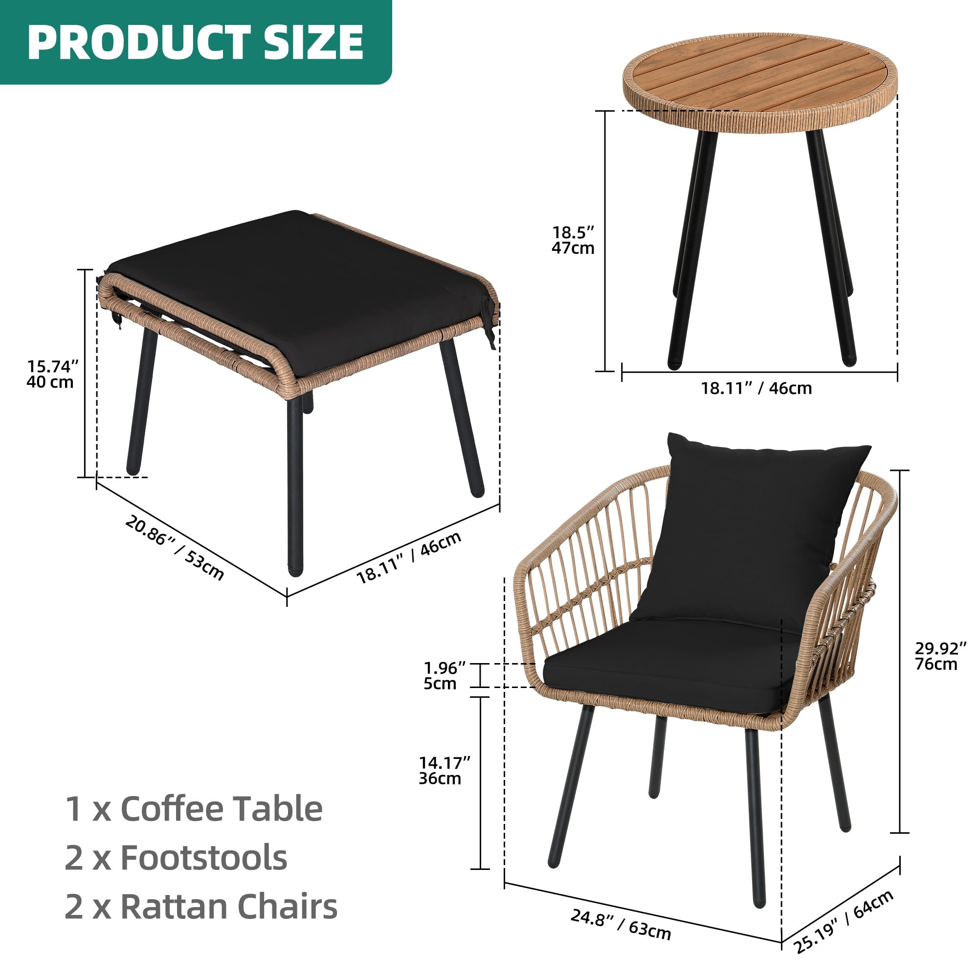 YITAHOME 5-Piece All-Weather Outdoor Wicker Furniture Set - Patio Bistro Set with Footrest, Coffee Table & Ottomans, Black - Perfect for Small Balcony, Garden or Backyard Relaxation