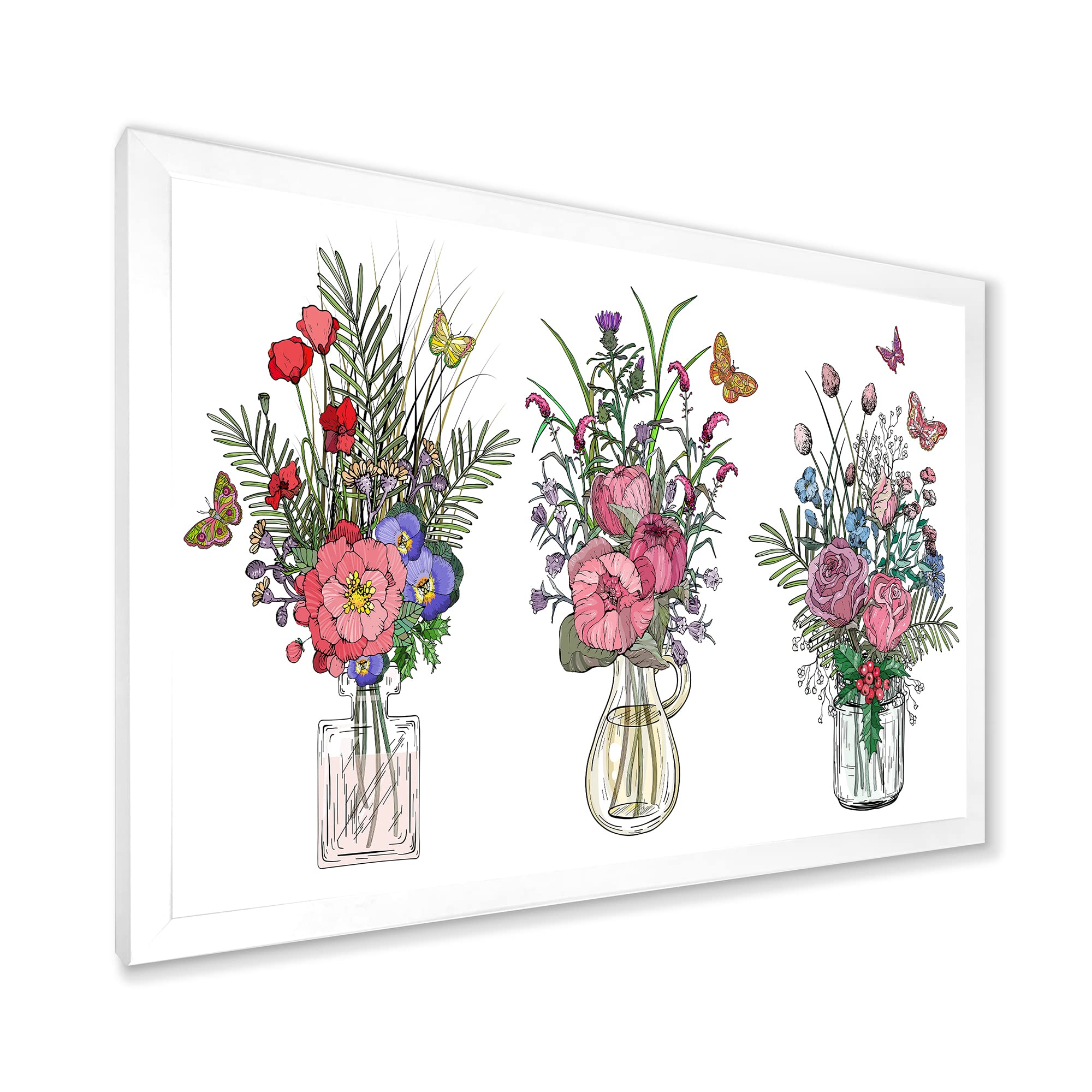 Farmhouse Wildflower Bouquets in Transparent Vases - Rustic Framed Wall Art Decor for Living Room, Bedroom & Office