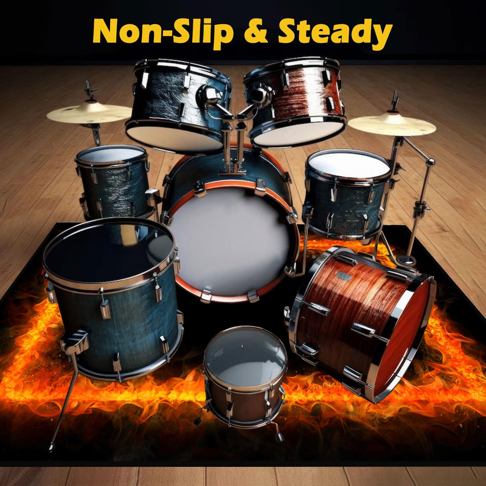 **5.2x6.6ft Drum Rug - Non-Slip Soundproof Drum Mat for Drum Set, 63x79in Electrical Drum Carpet with Flame Design - Perfect for Home Studios, Live Performances & Drum Practice (Red Flame)**